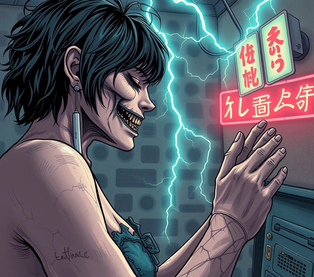Surreal woman in an electric connection popsurrealist scene