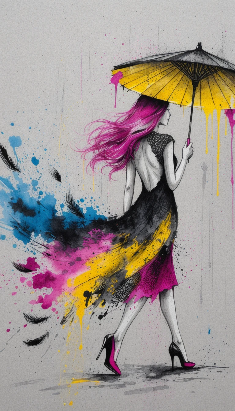 Elegant woman walking with colorful umbrella in ink splashes