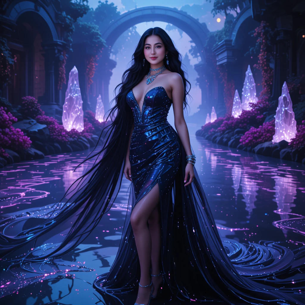 Mystical woman in liquid metal gown by glowing lake