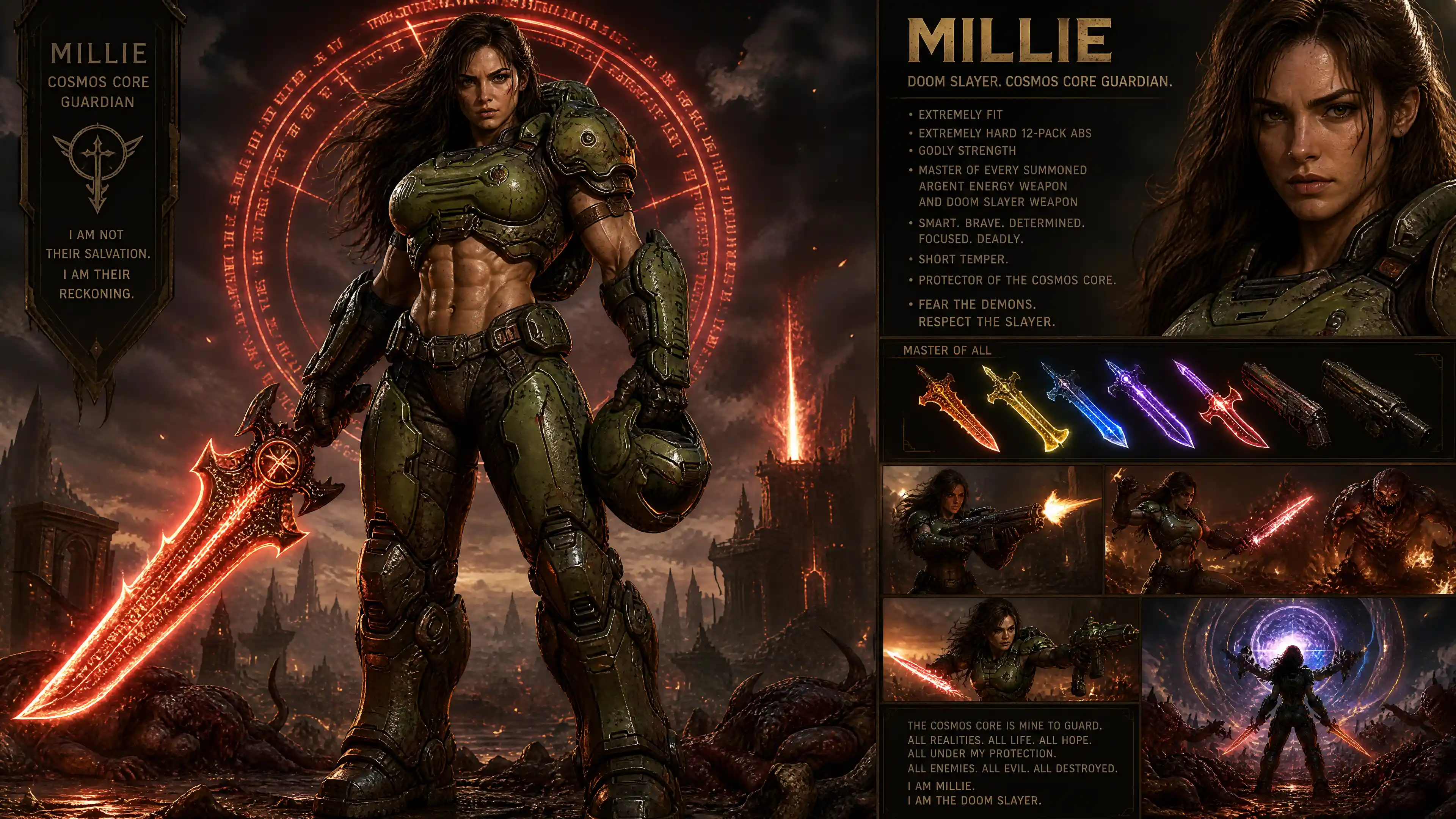 Armored female warrior with godly strength in sci fi battle