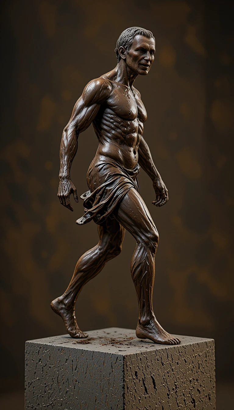Bronze sculpture of a determined man striding forward in profile