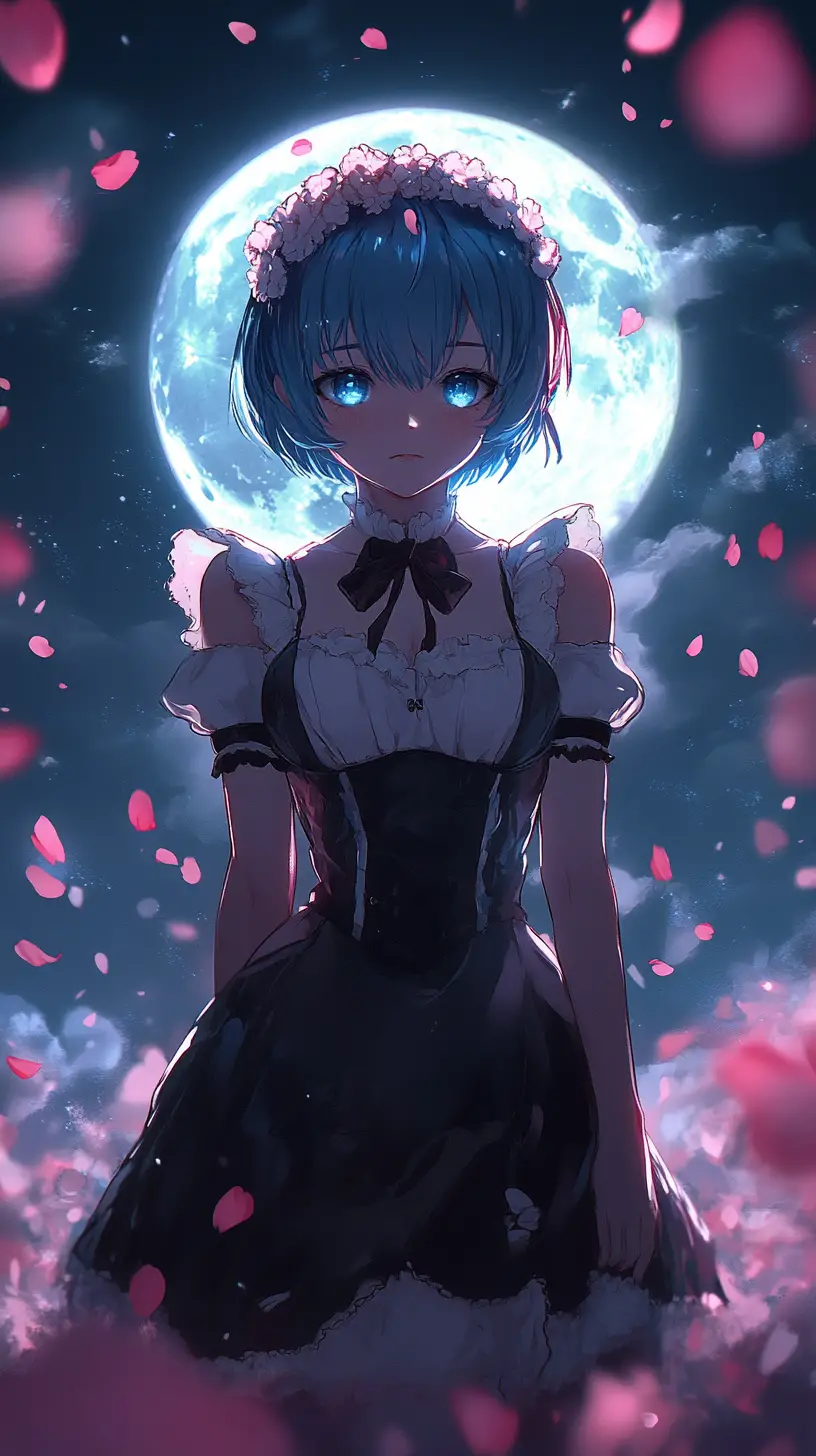 Anime maid girl before a glowing full moon