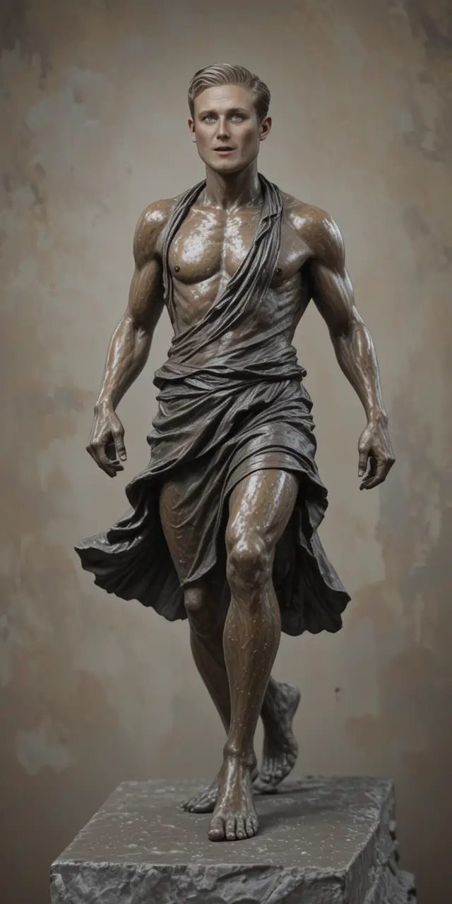 Bronze statue of athletic man striding in flowing tunic