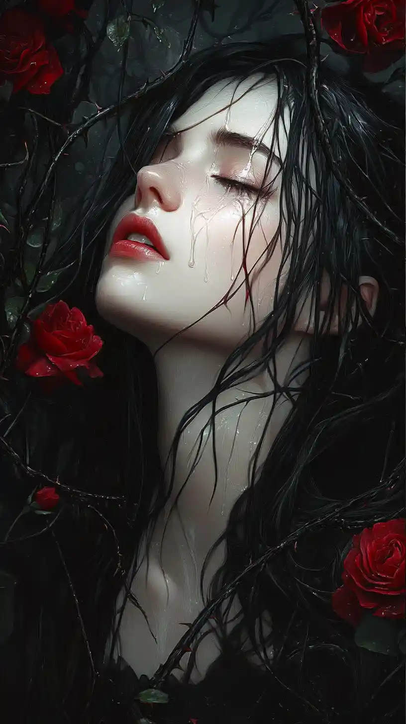 Sad girl among thorny vines and dark red roses