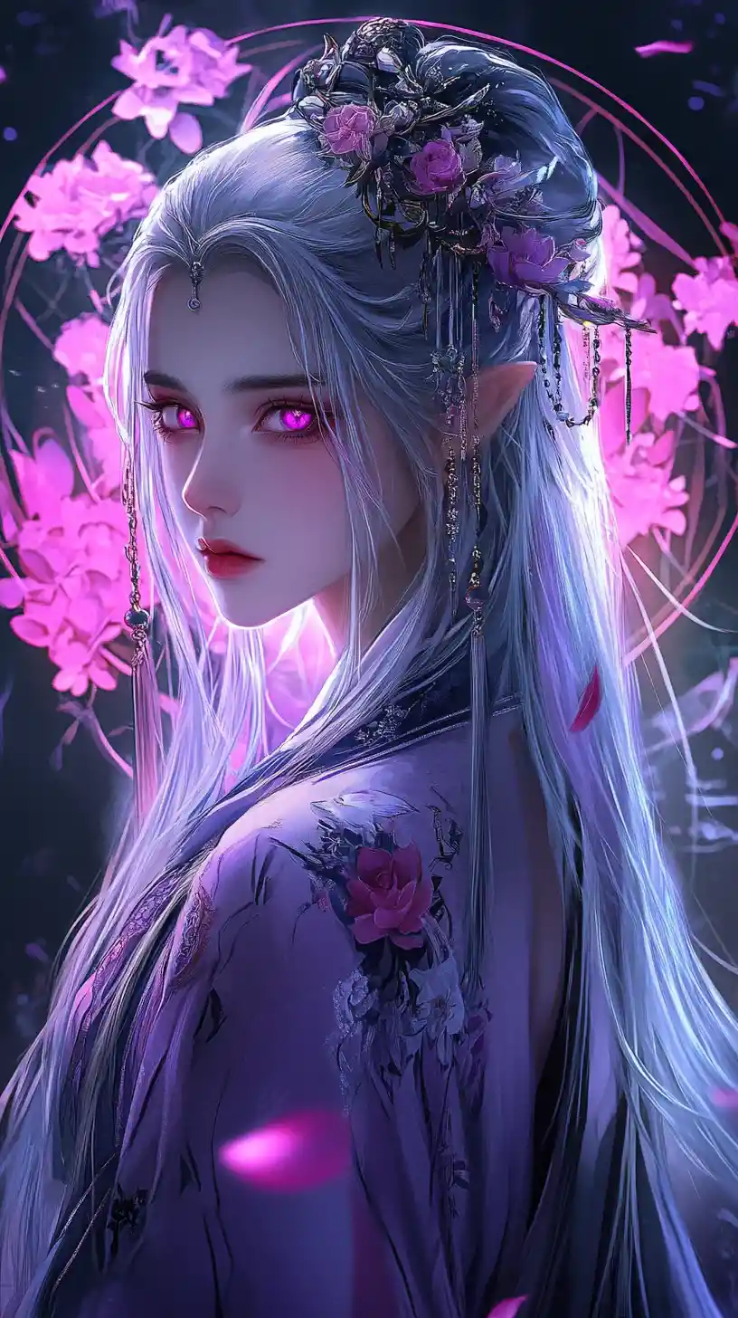 Anime woman with silver hair and glowing magenta eyes