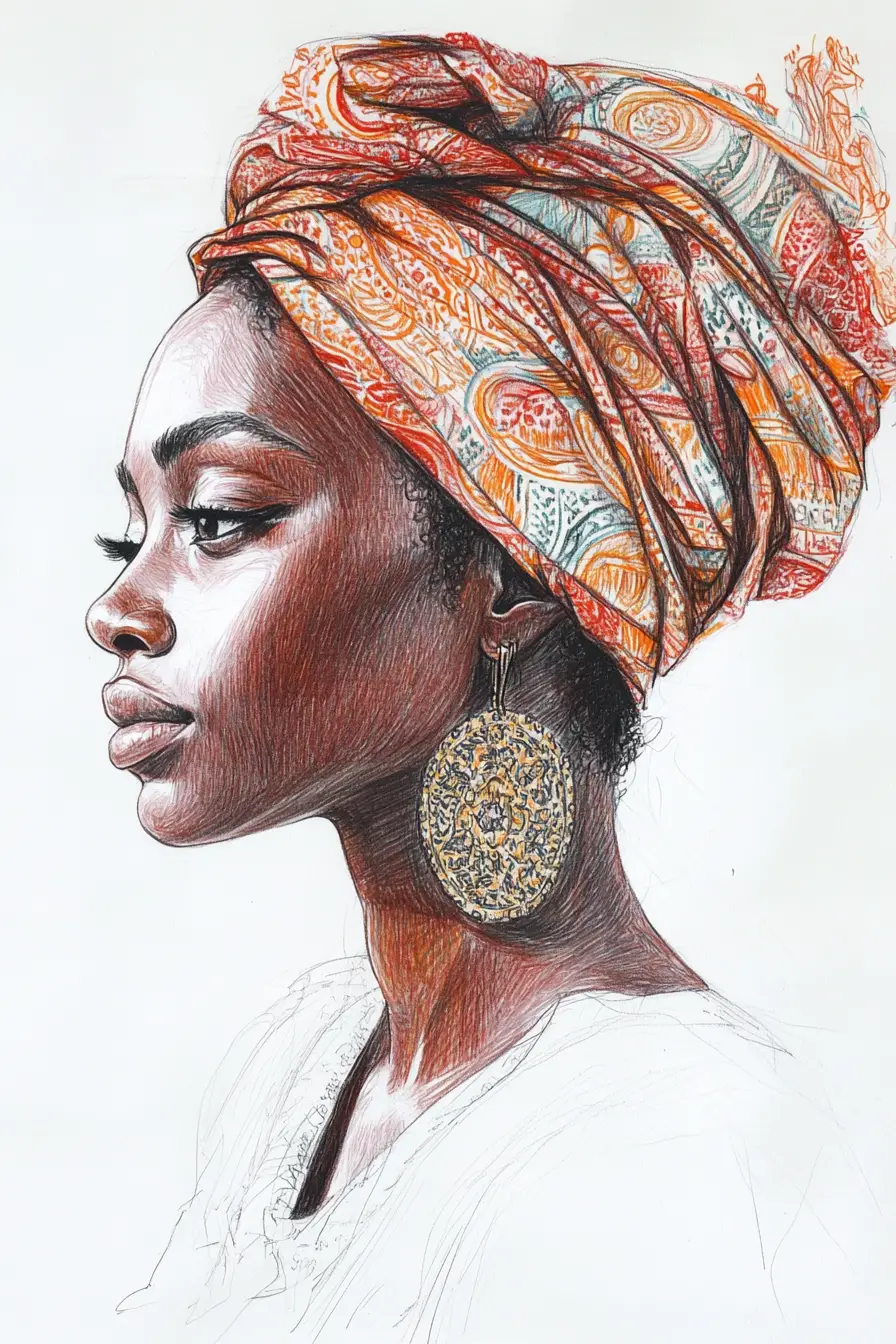 Serene profile drawing of an African woman in patterned headwrap