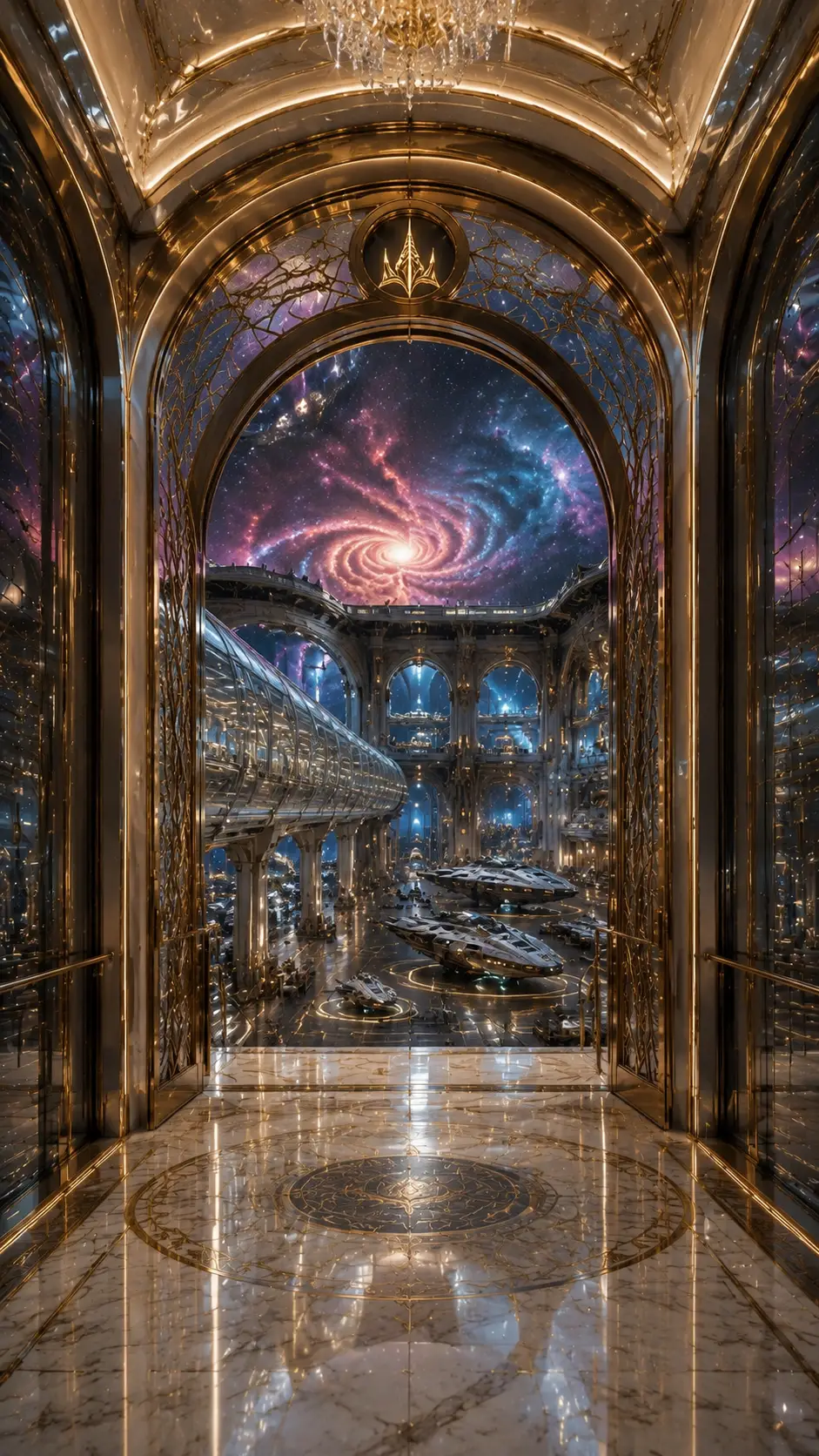 Opulent lobby view into a futuristic spaceport hangar