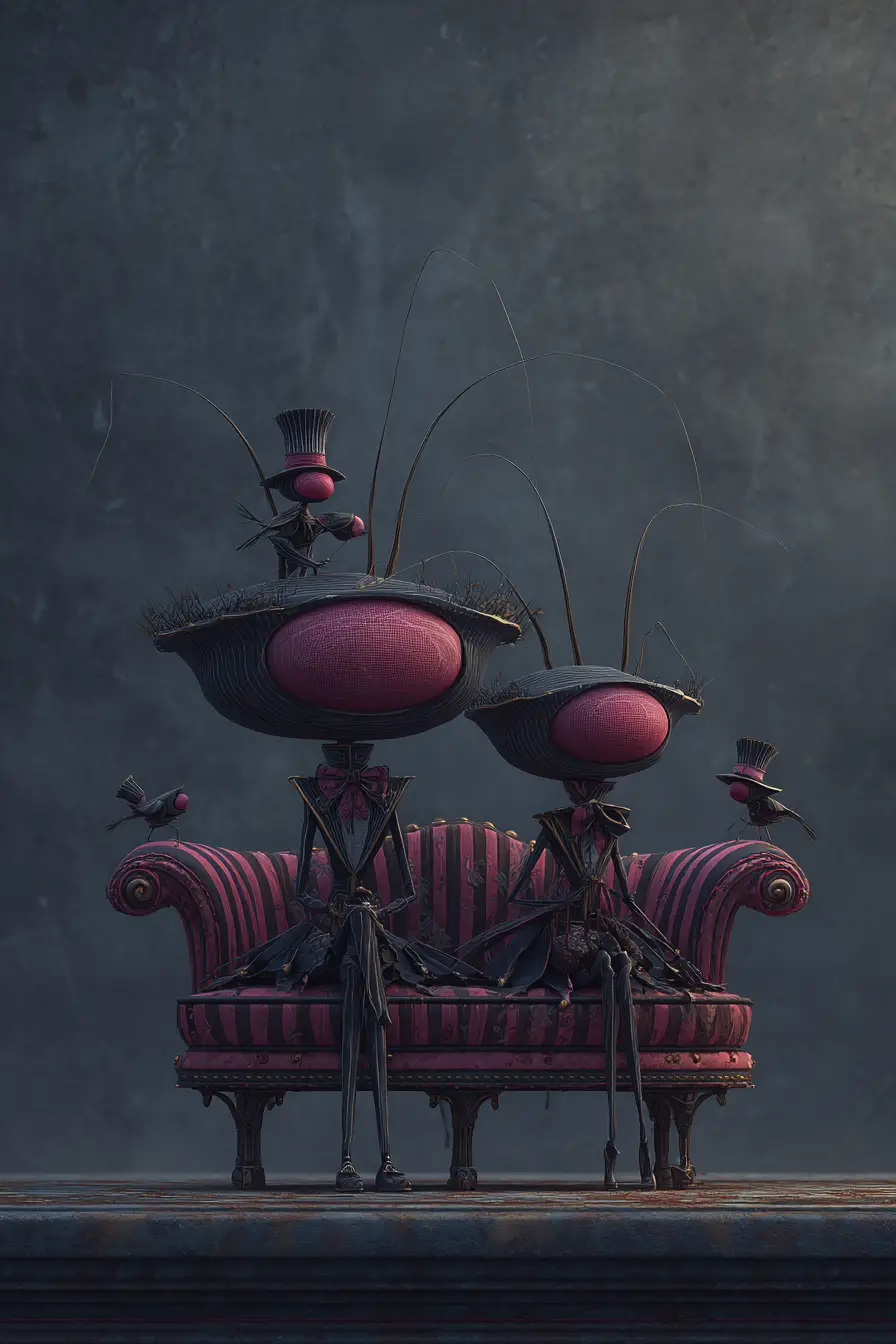 Surreal birdlike figures in striped suits on ornate sofa
