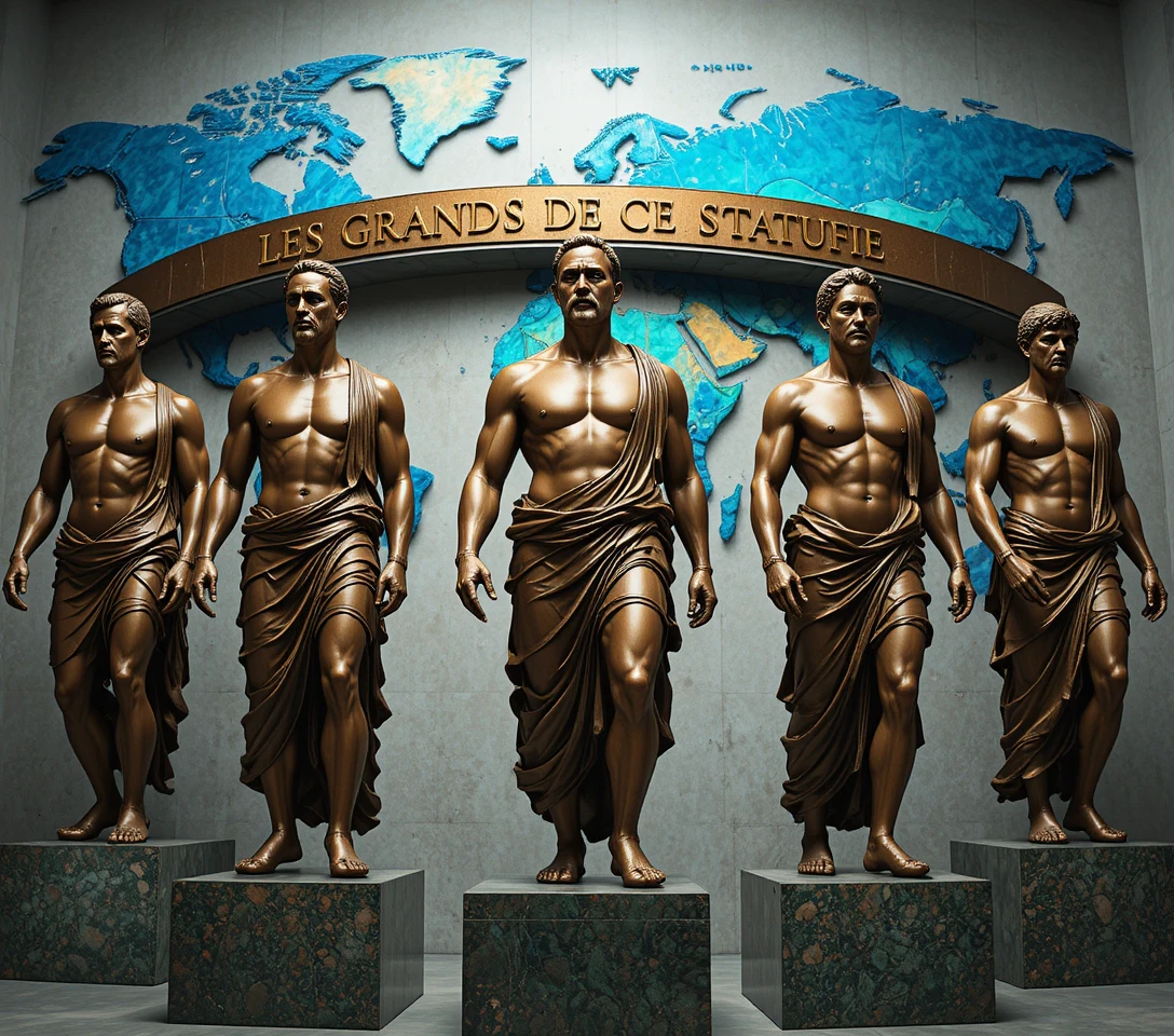 Bronze statues of world leaders before a global map