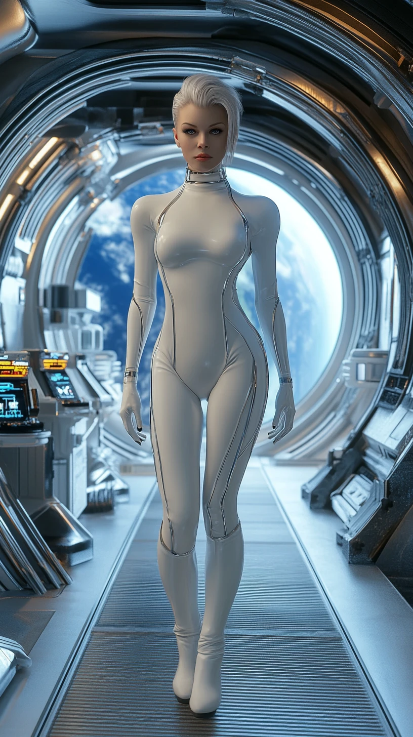 Futuristic woman on a starship command deck in latex suit