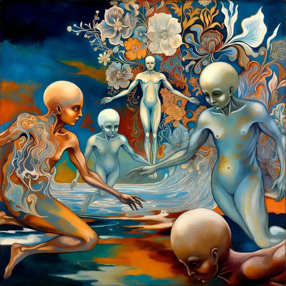 Surreal godhead with hovering beings and floral patterns