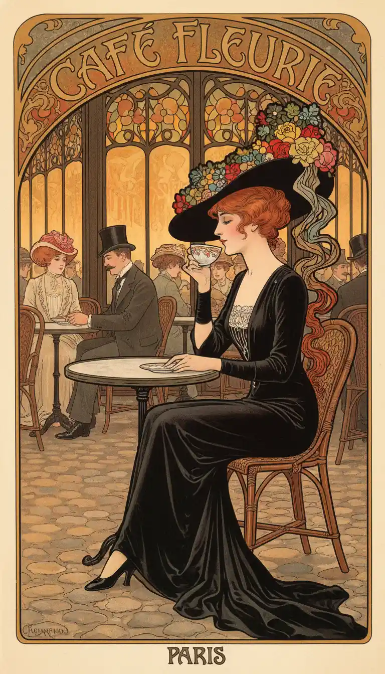 Elegant woman in black gown at Parisian art nouveau cafe
