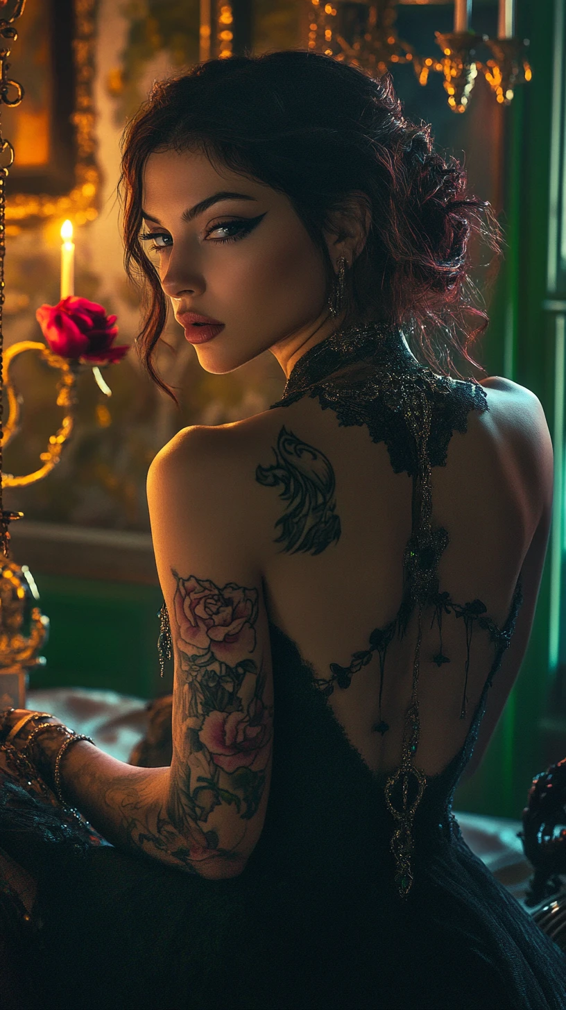 Elegant tattooed woman in a luxurious fantasy bedroom