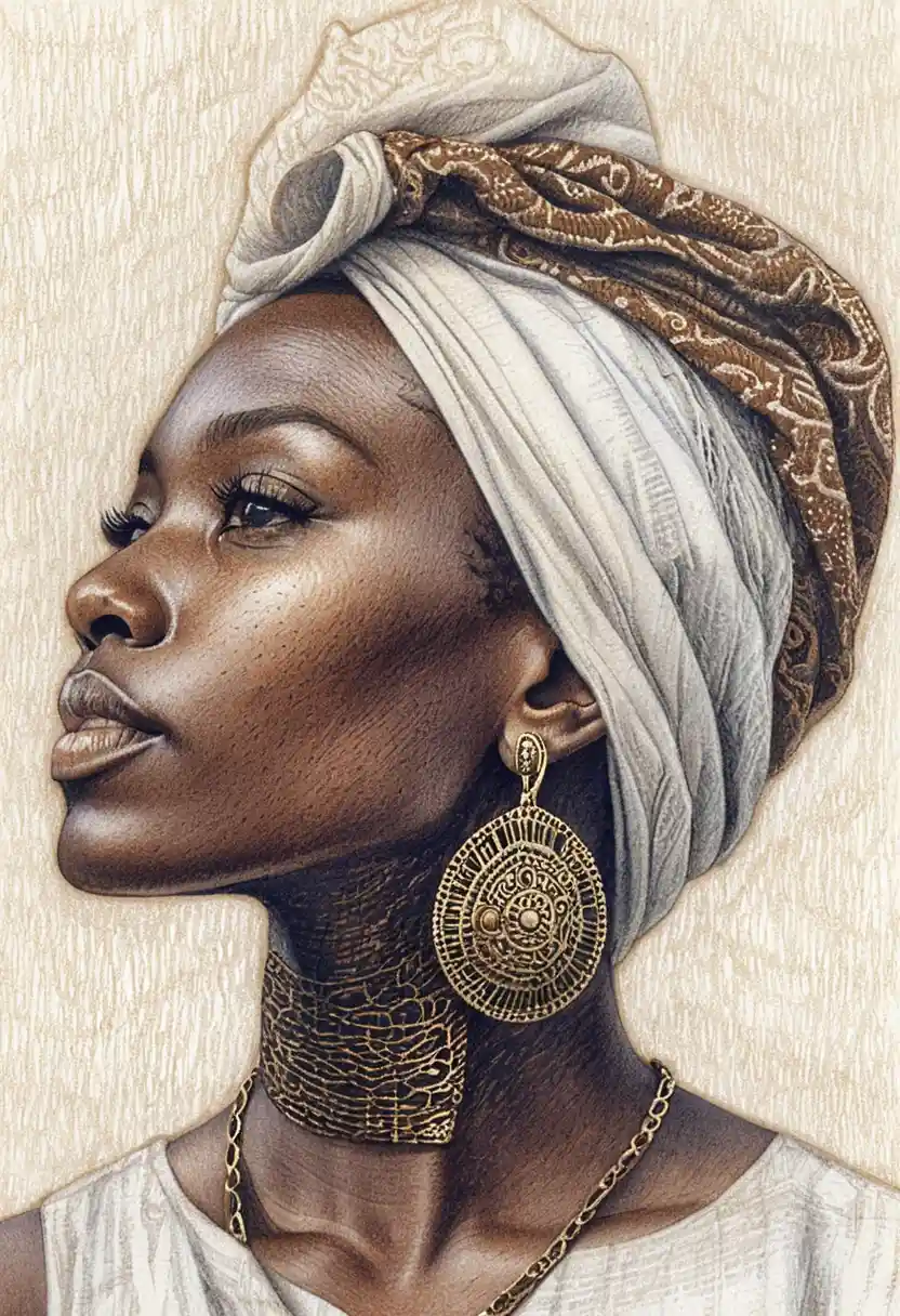 Serene profile drawing of an African woman with headwrap