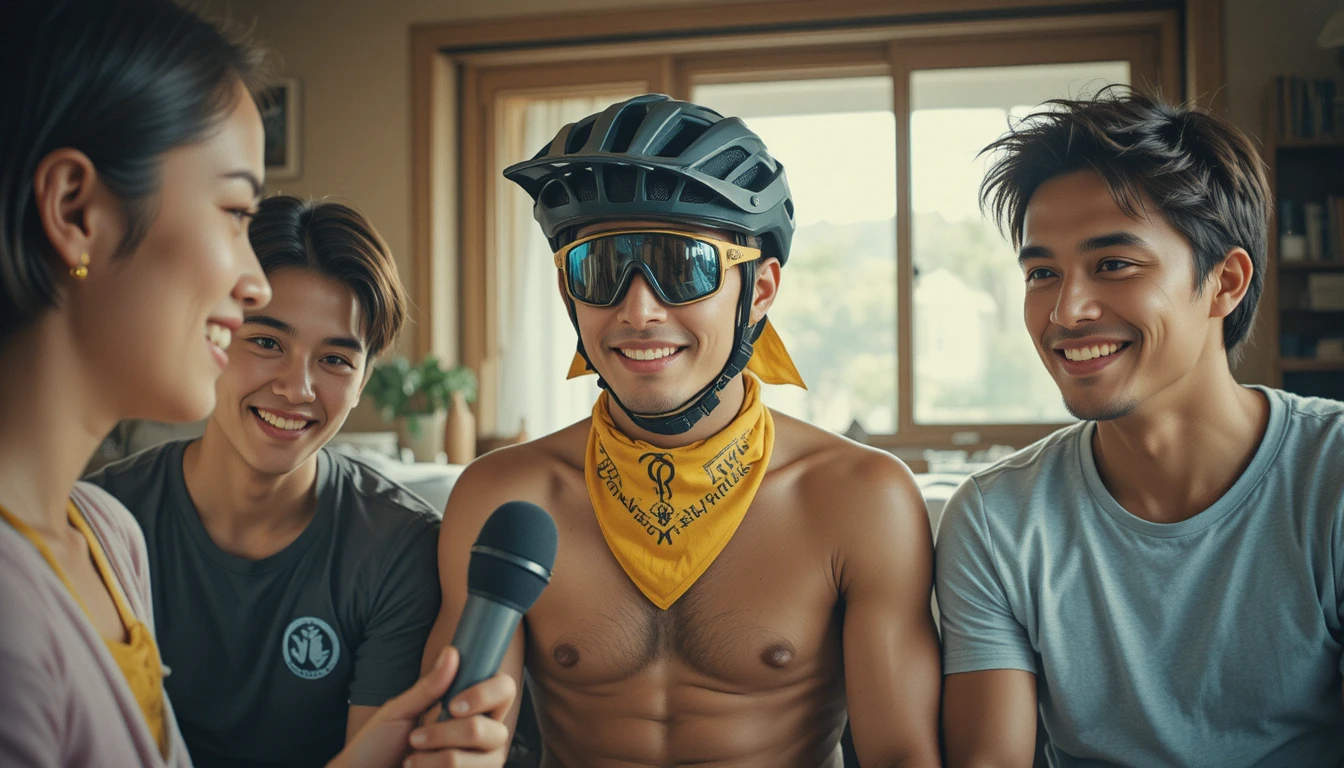 Casual Indoor Group With Interviewer And Shirtless Biker