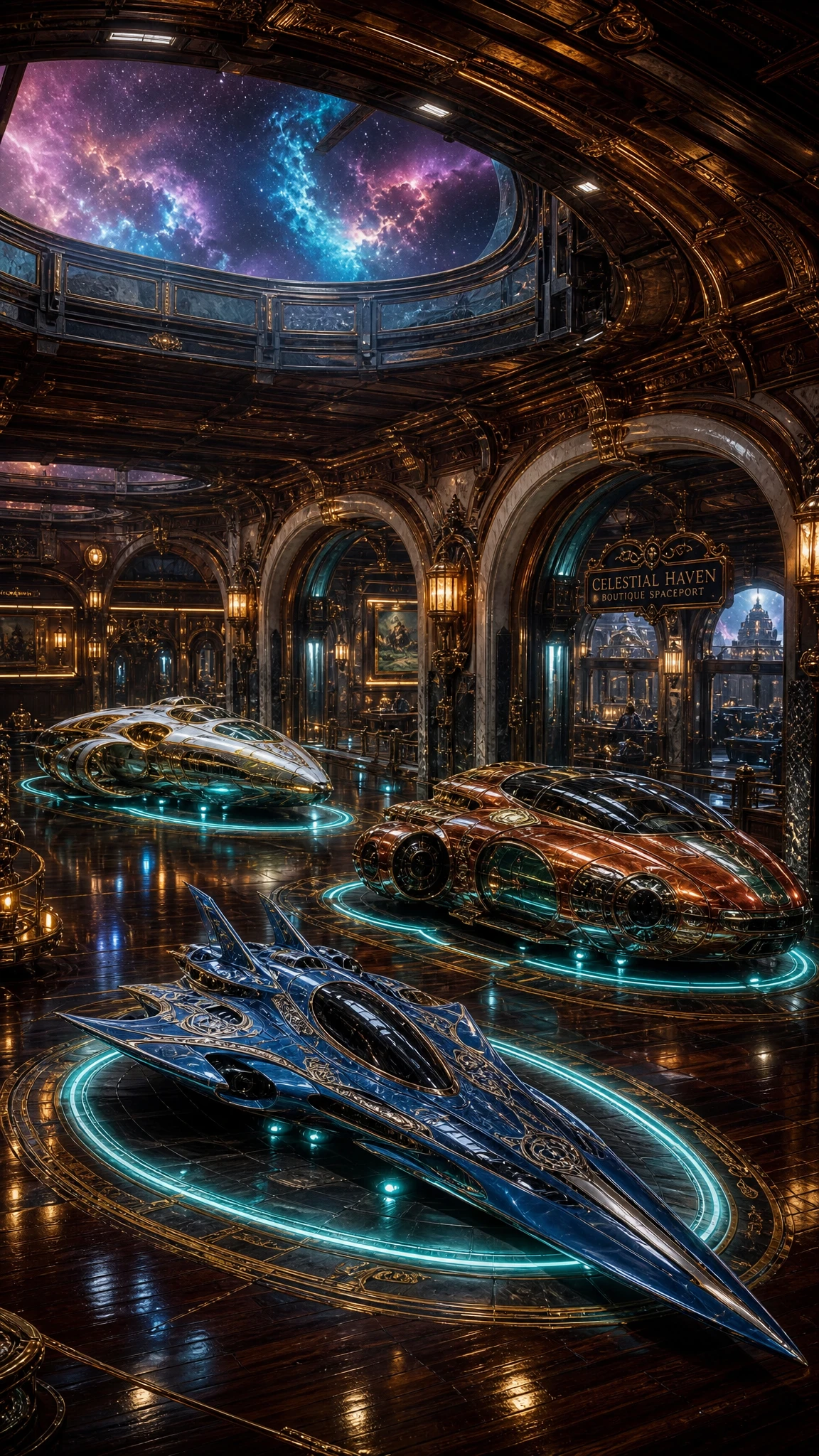 Hangar boutique de puerto espacial lujoso con naves estelares opulentas