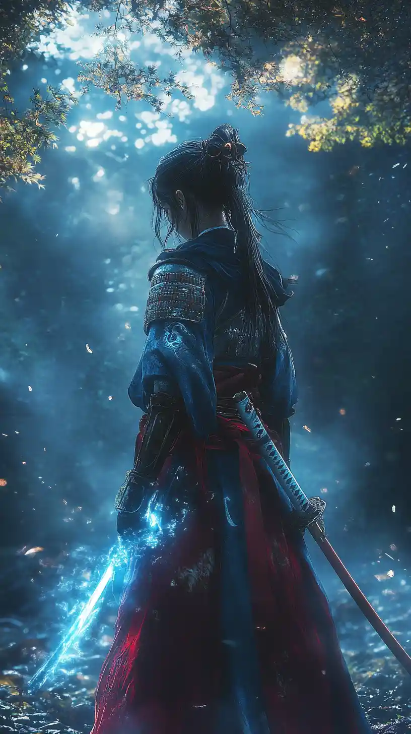 Samurai girl in glowing misty forest with blue armor