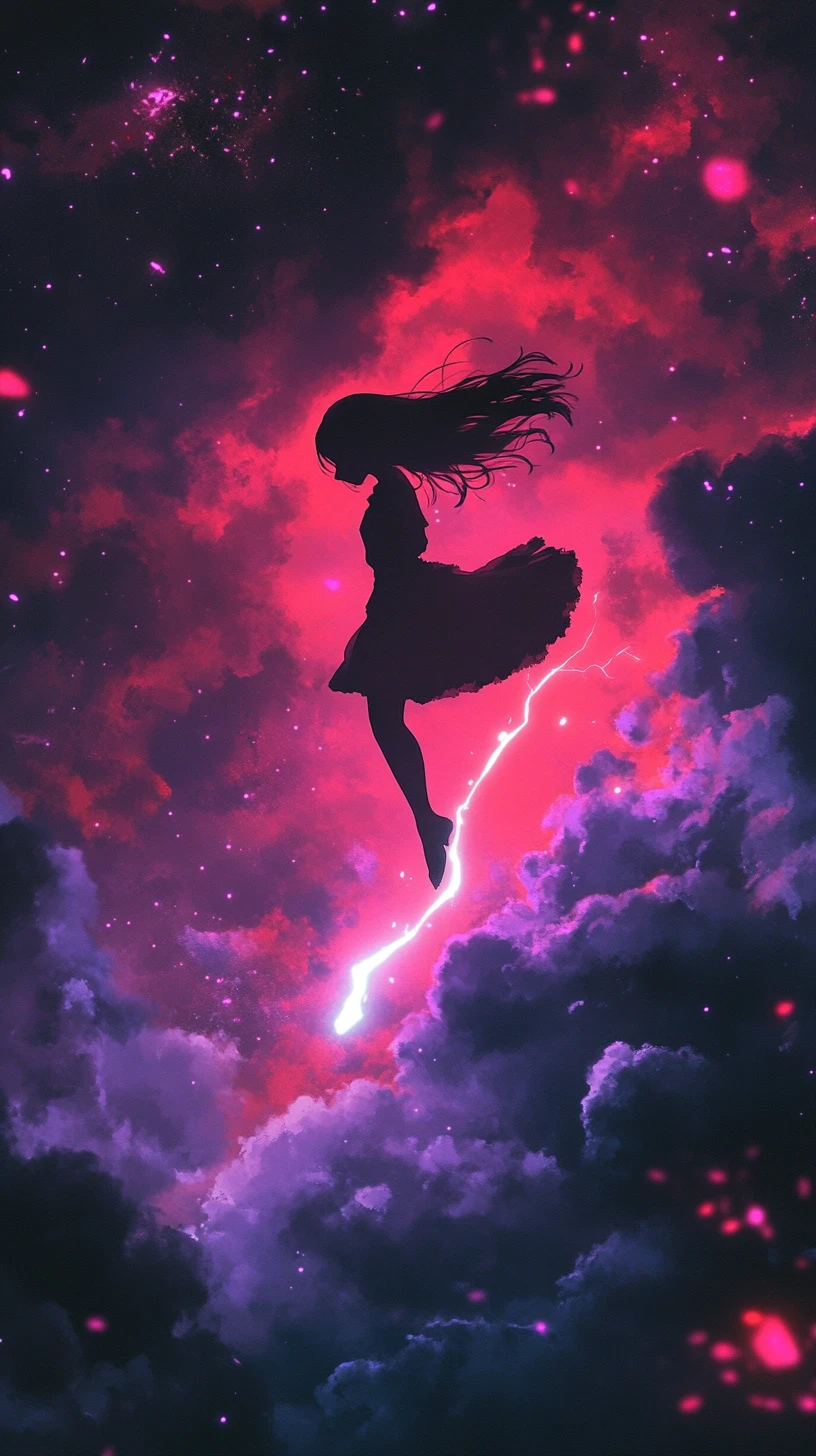 Sad anime girl falling through a dark cloudy sky