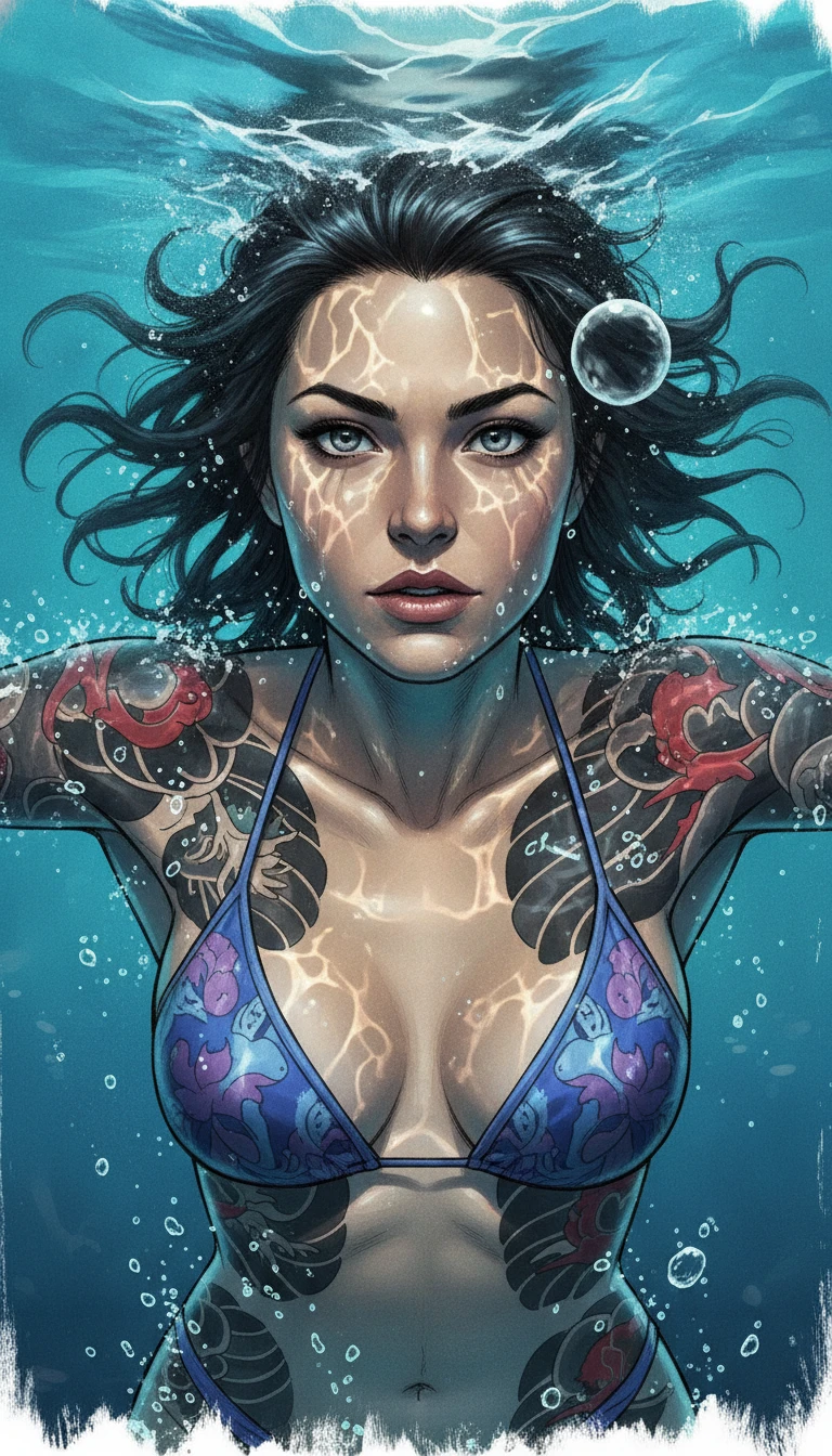 Determined tattooed woman swimming just beneath turquoise water