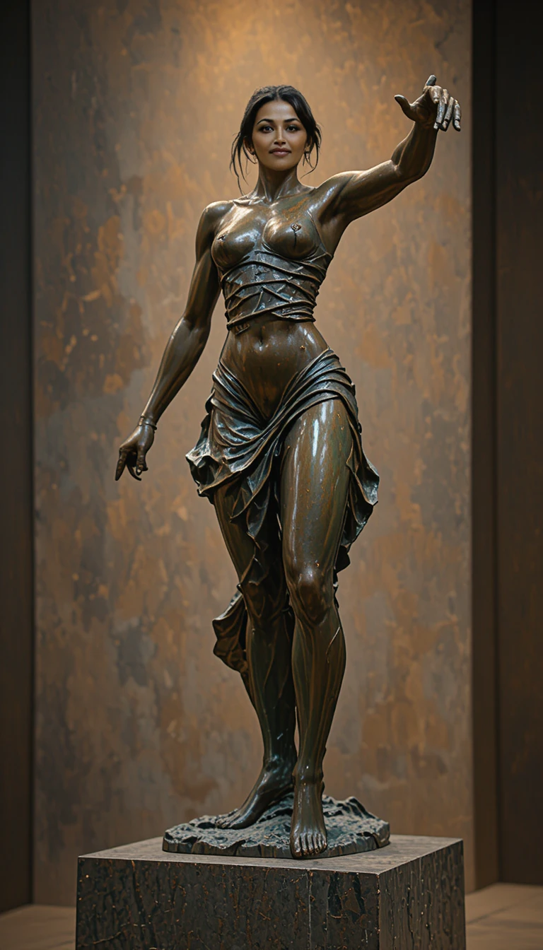 Dynamic bronze sculpture of an athletic woman in mid stride