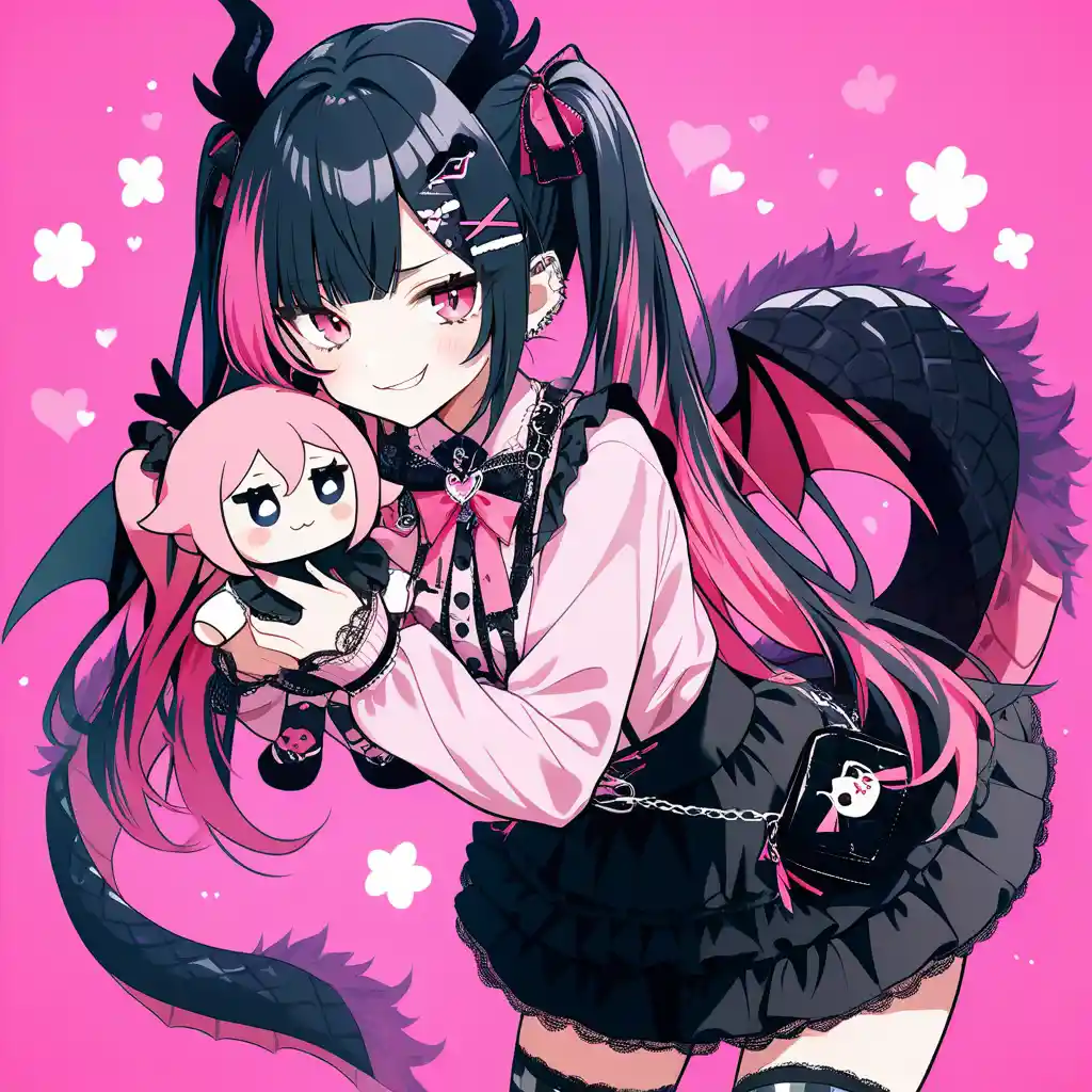 Cute dragon horn anime girl with multicolored twintails