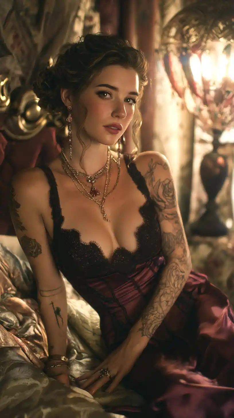 Alluring woman in a luxurious fantasy bedroom with tattoos