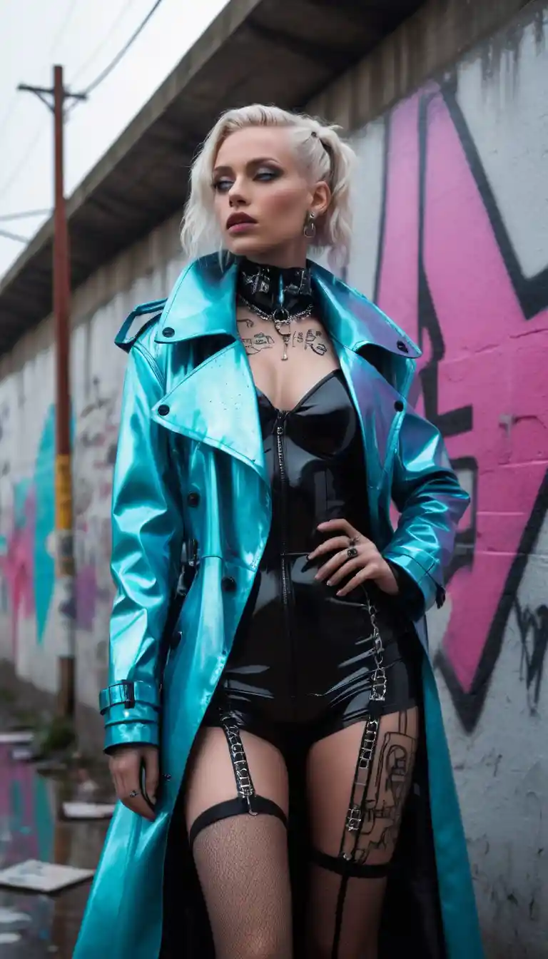 Cyberpunk woman beside dystopian concrete flood barrier