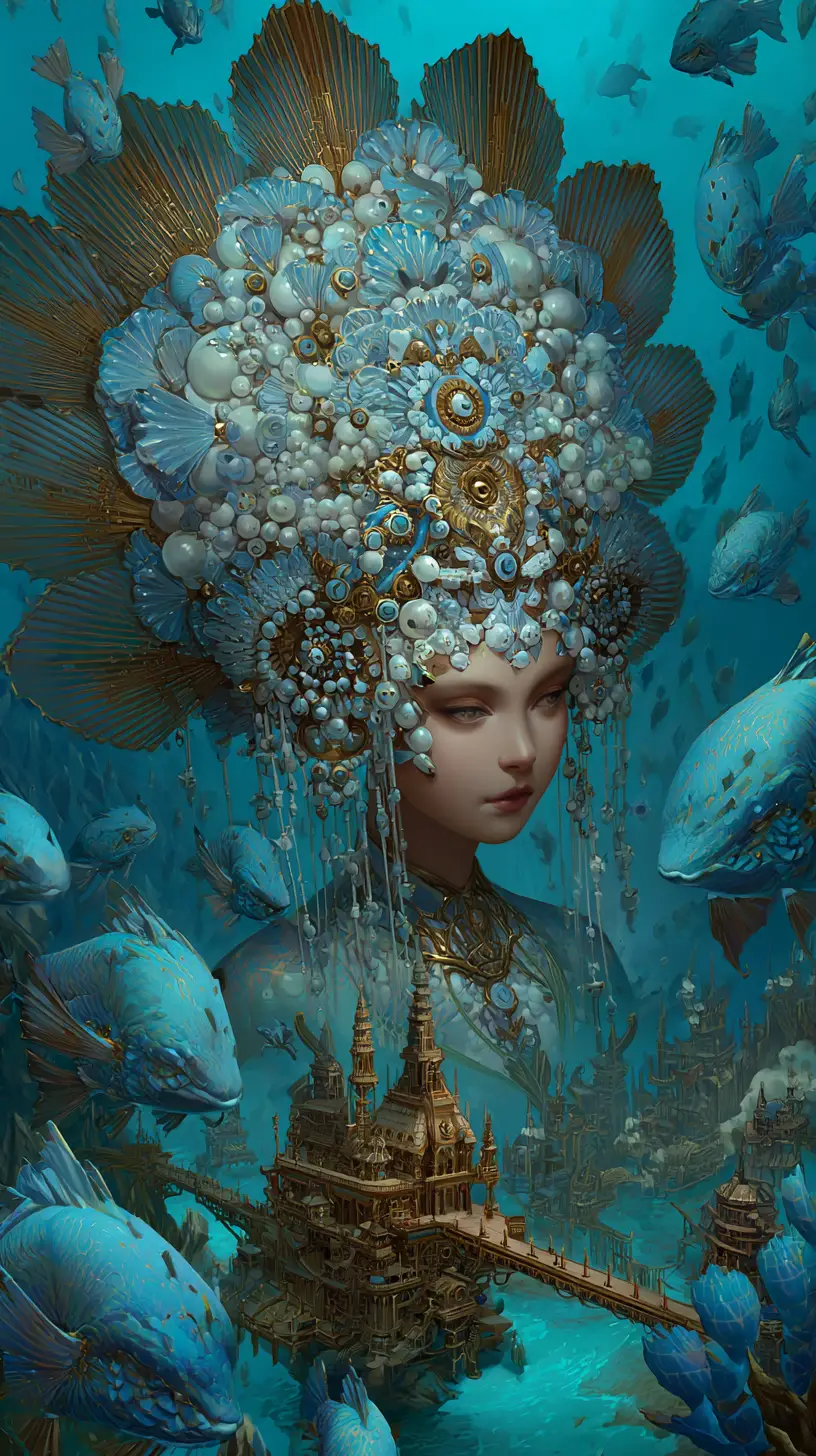 Siren queen on an enchanted island with steampunk crown