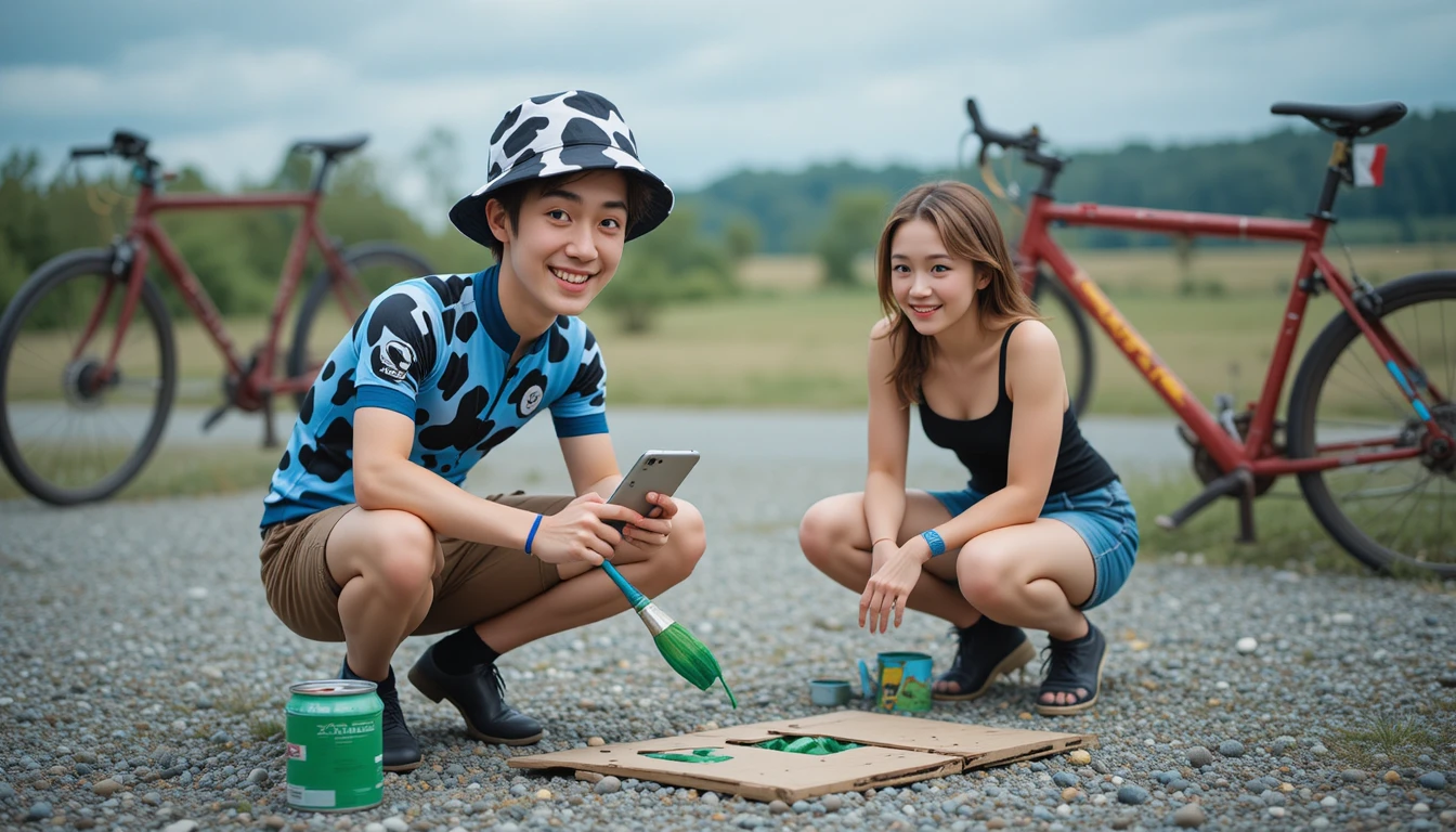 Two people painting cardboard outdoors near parked bicycles