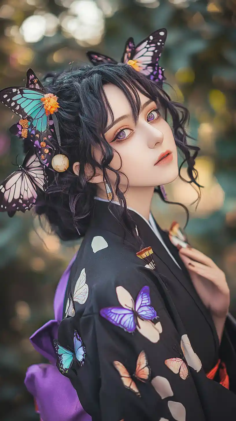 Anime woman in butterfly hanfu cosplay with fantasy style