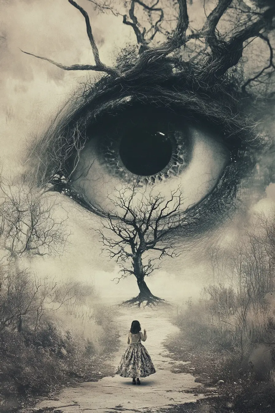 Little girl in ornate dress before a colossal surreal eye