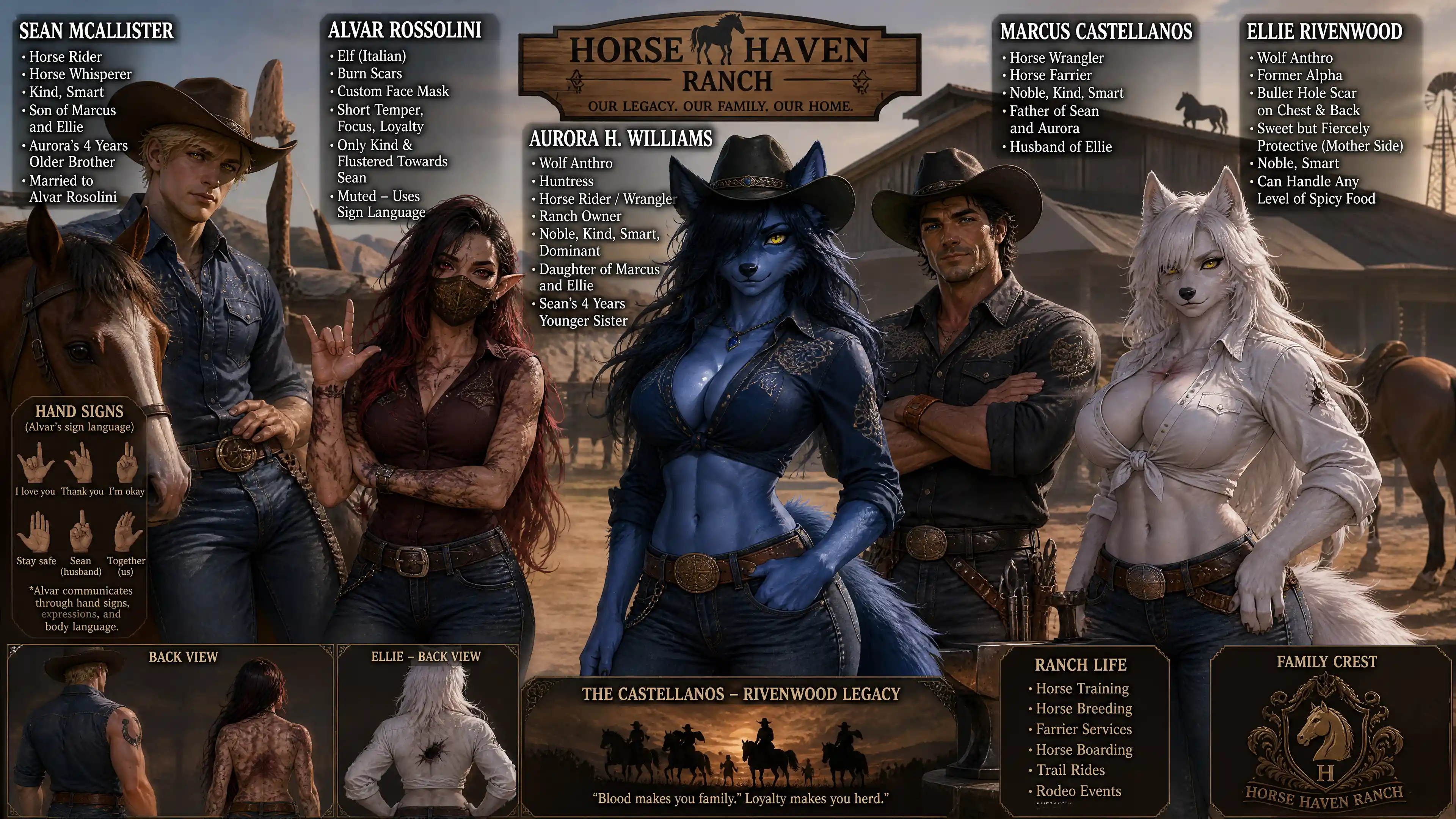 Blue wolf cowgirl with six pack abs and cowboy outfit