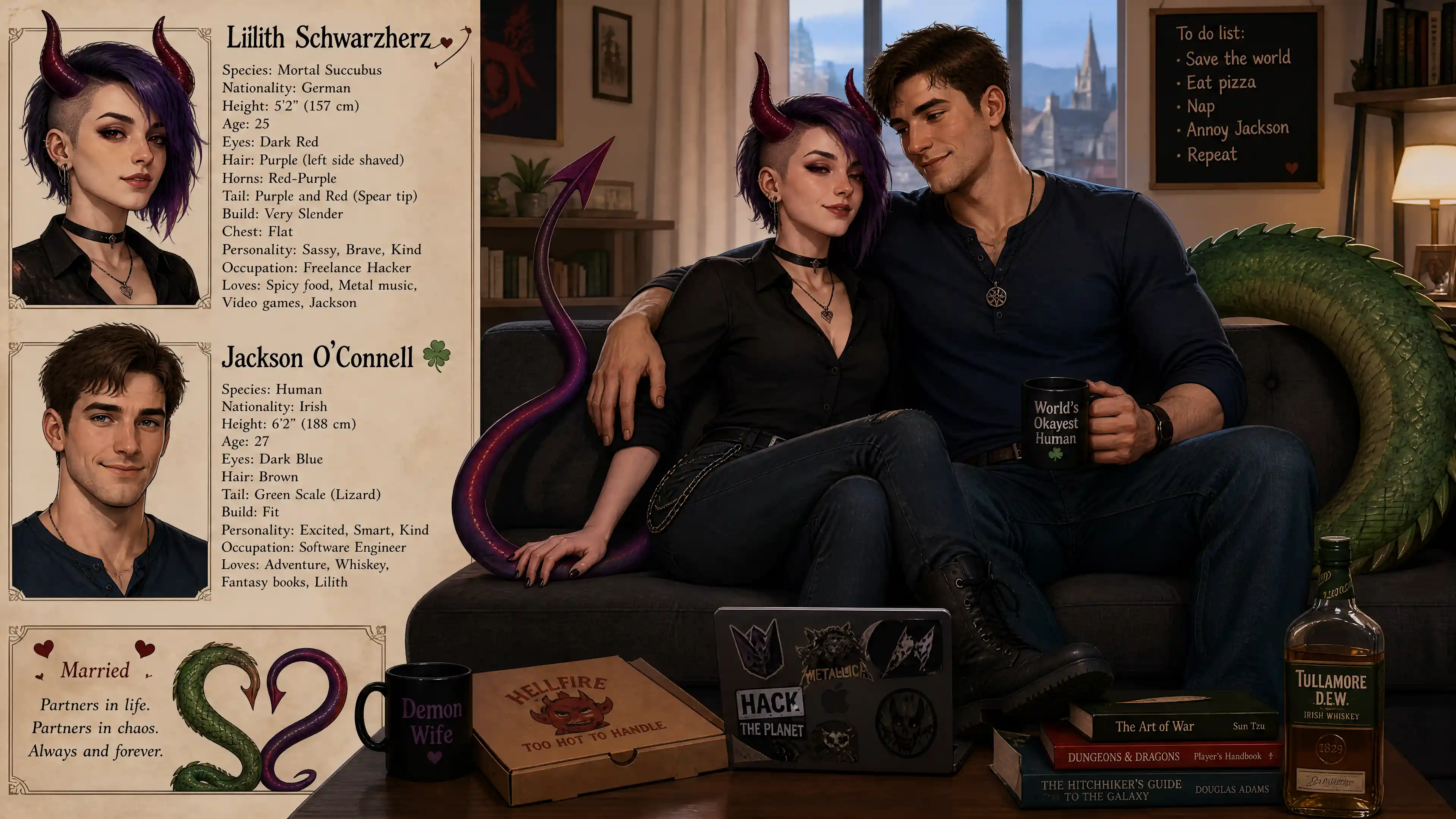 Slender horned woman with short purple hair in casual clothes