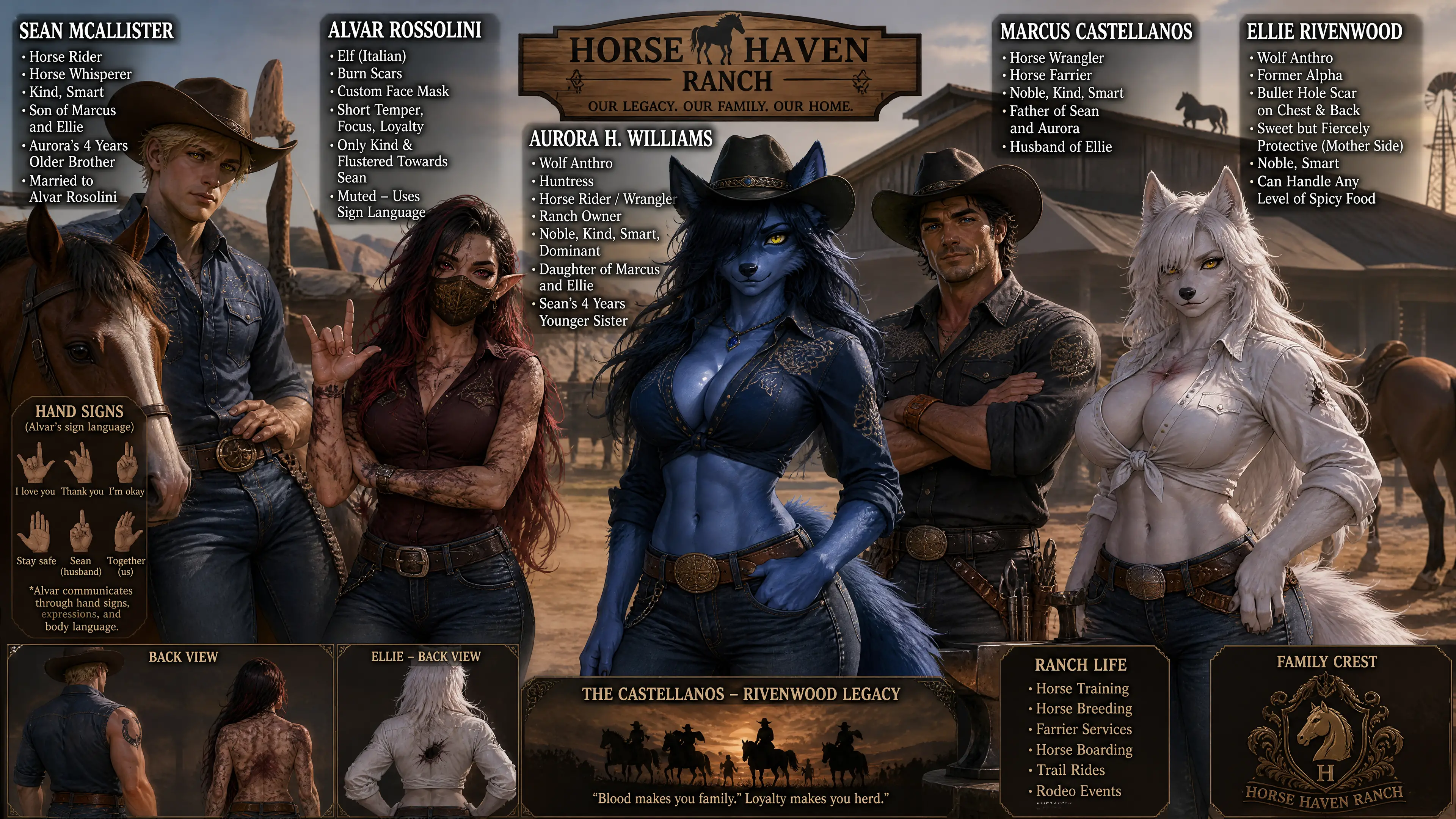 Blue wolf cowgirl with six pack abs and cowboy outfit