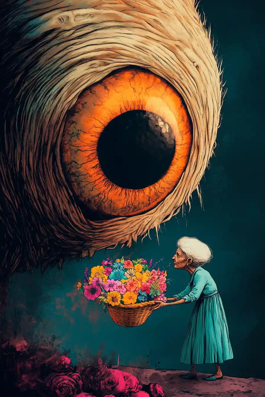 Old woman offers flowers to a giant eyeball monster