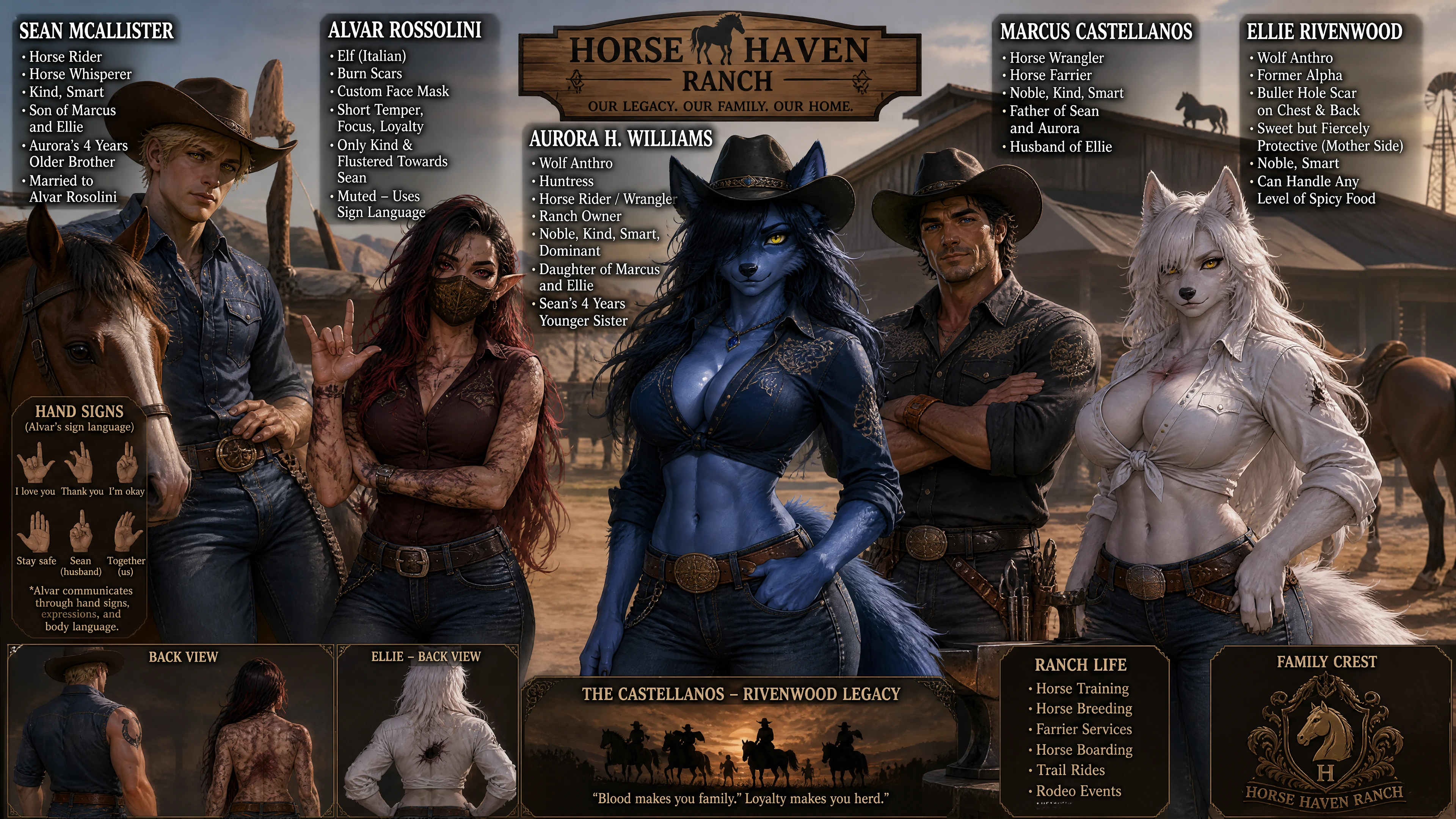 Blue wolf cowgirl with six pack abs and cowboy outfit