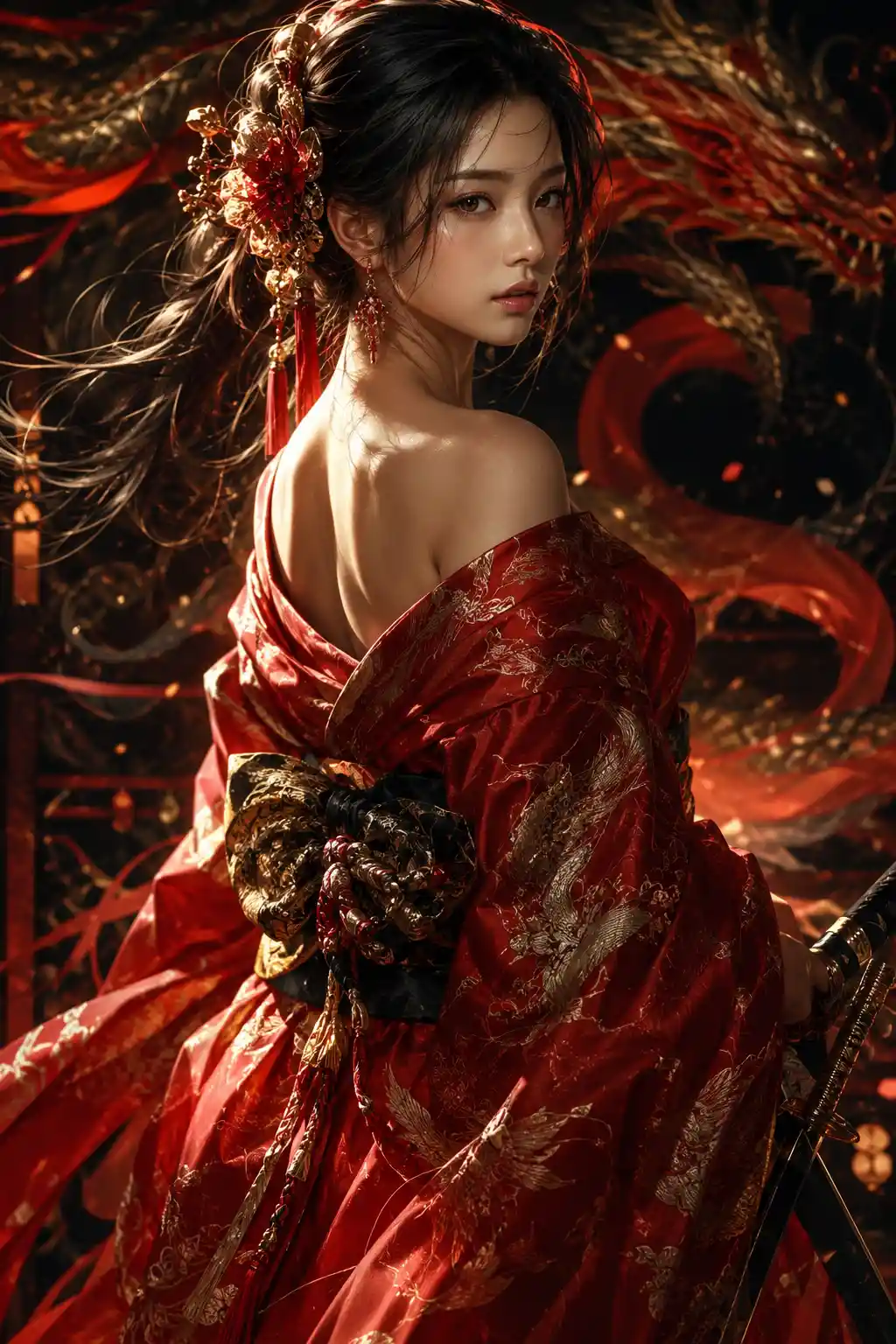 Asian warrior woman in red kimono fantasy portrait