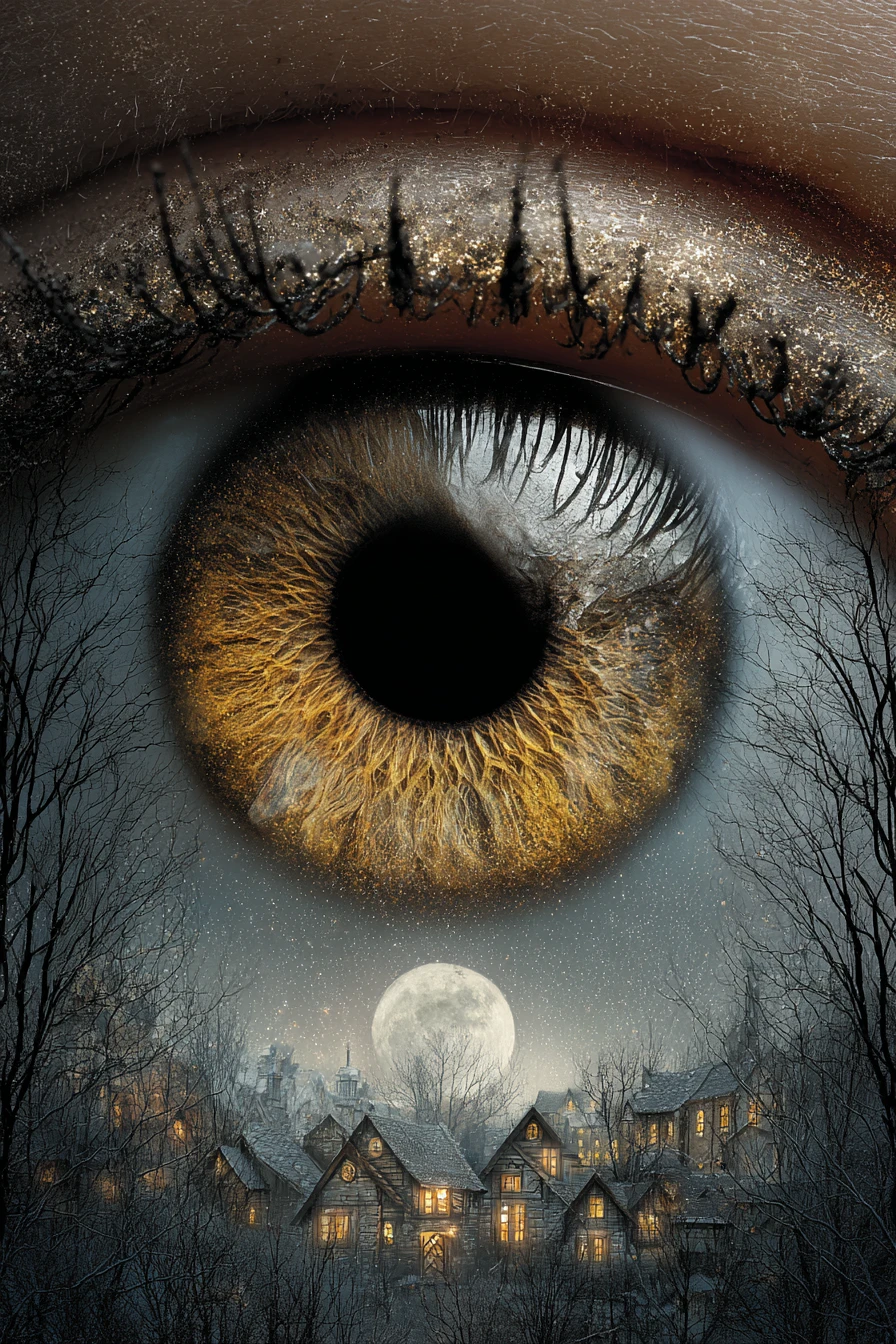 Mystical close up eye above a moonlit village scene