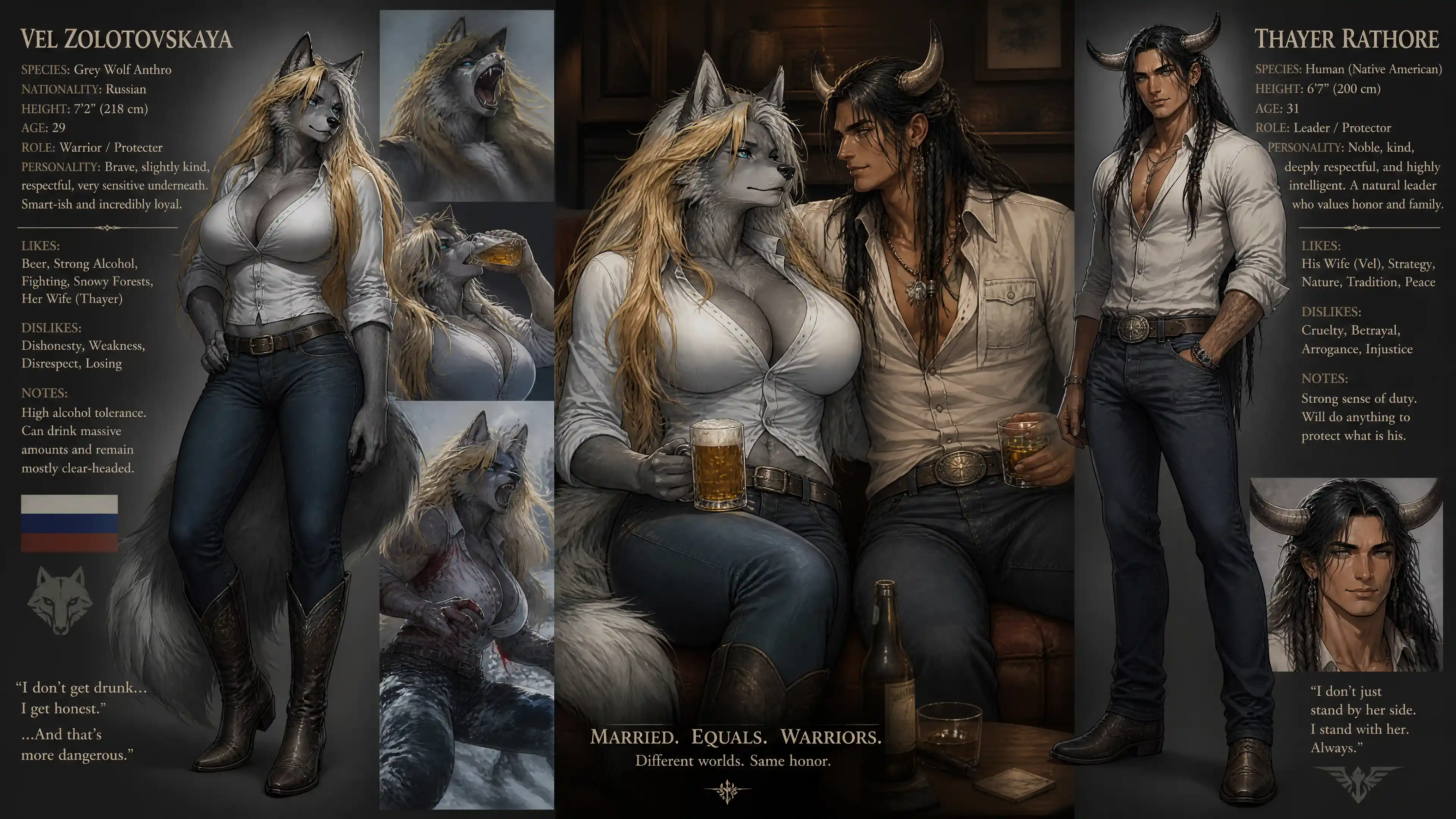 Tall anthro wolf woman with cyan eyes in casual clothes