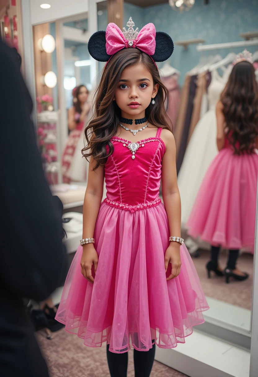 Nervous boy in pink Minnie dress in shop backroom
