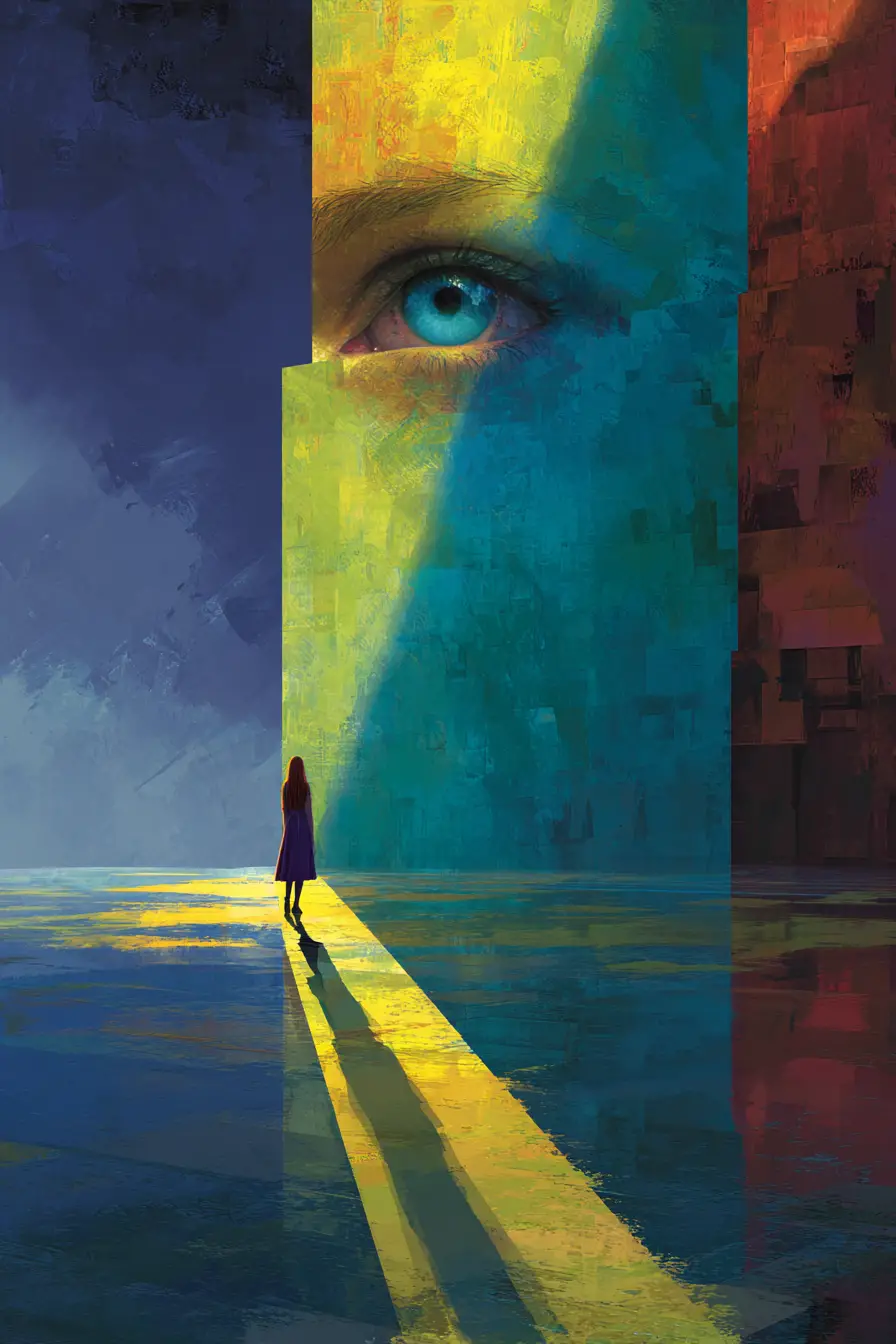Woman walking toward surreal geometric eye landscape