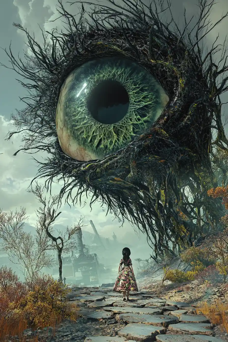 Young girl gazing at a colossal surreal tree eye