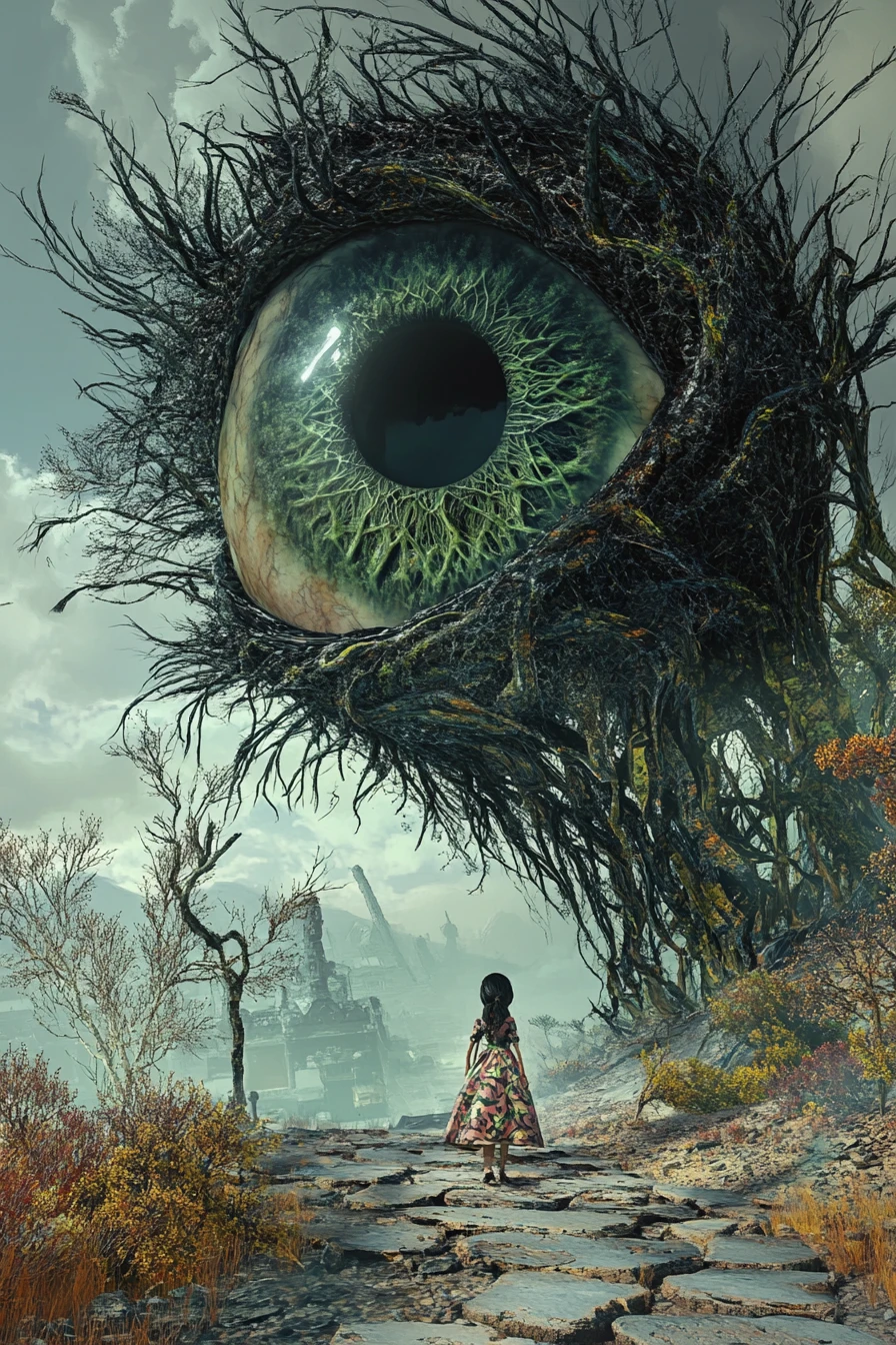 Young girl gazing at a colossal surreal tree eye