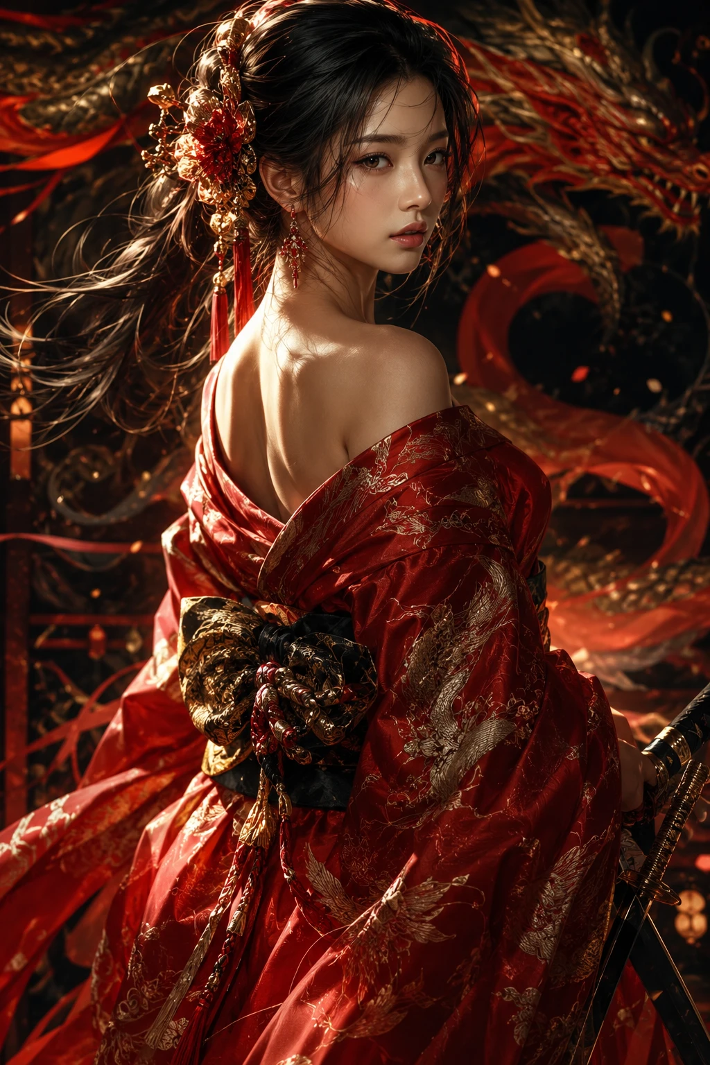 Guerriera asiatica in kimono rosso – ritratto fantasy