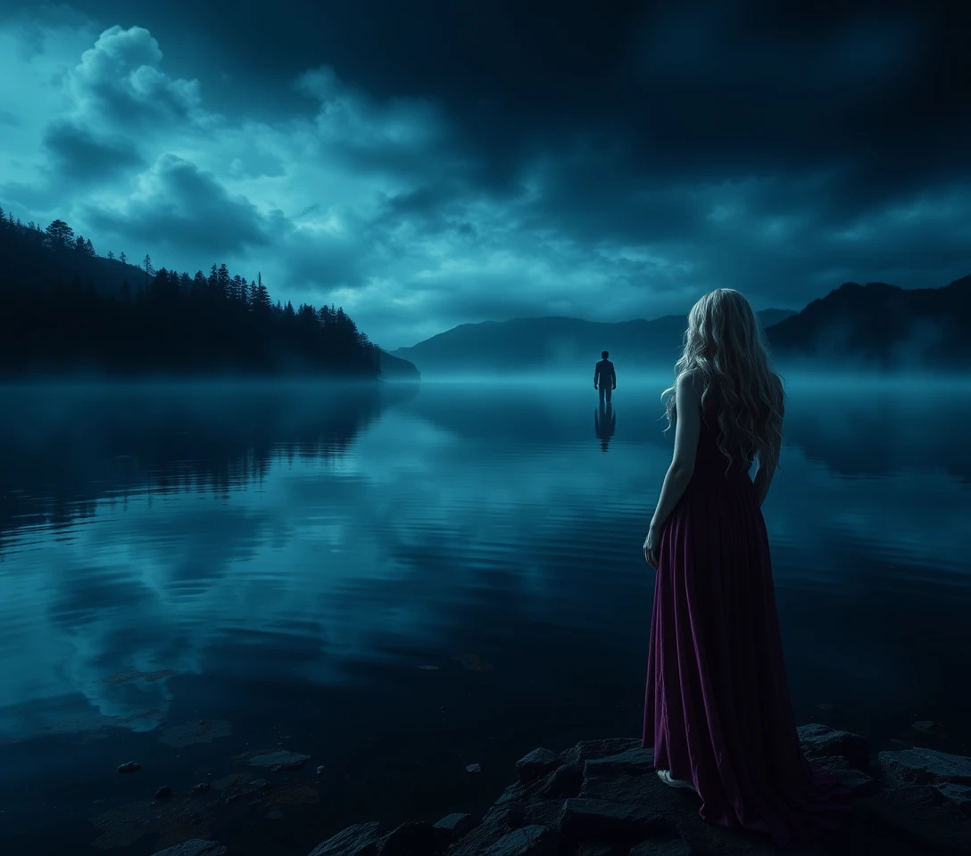 Woman waiting by a dark mystical lakeside at night
