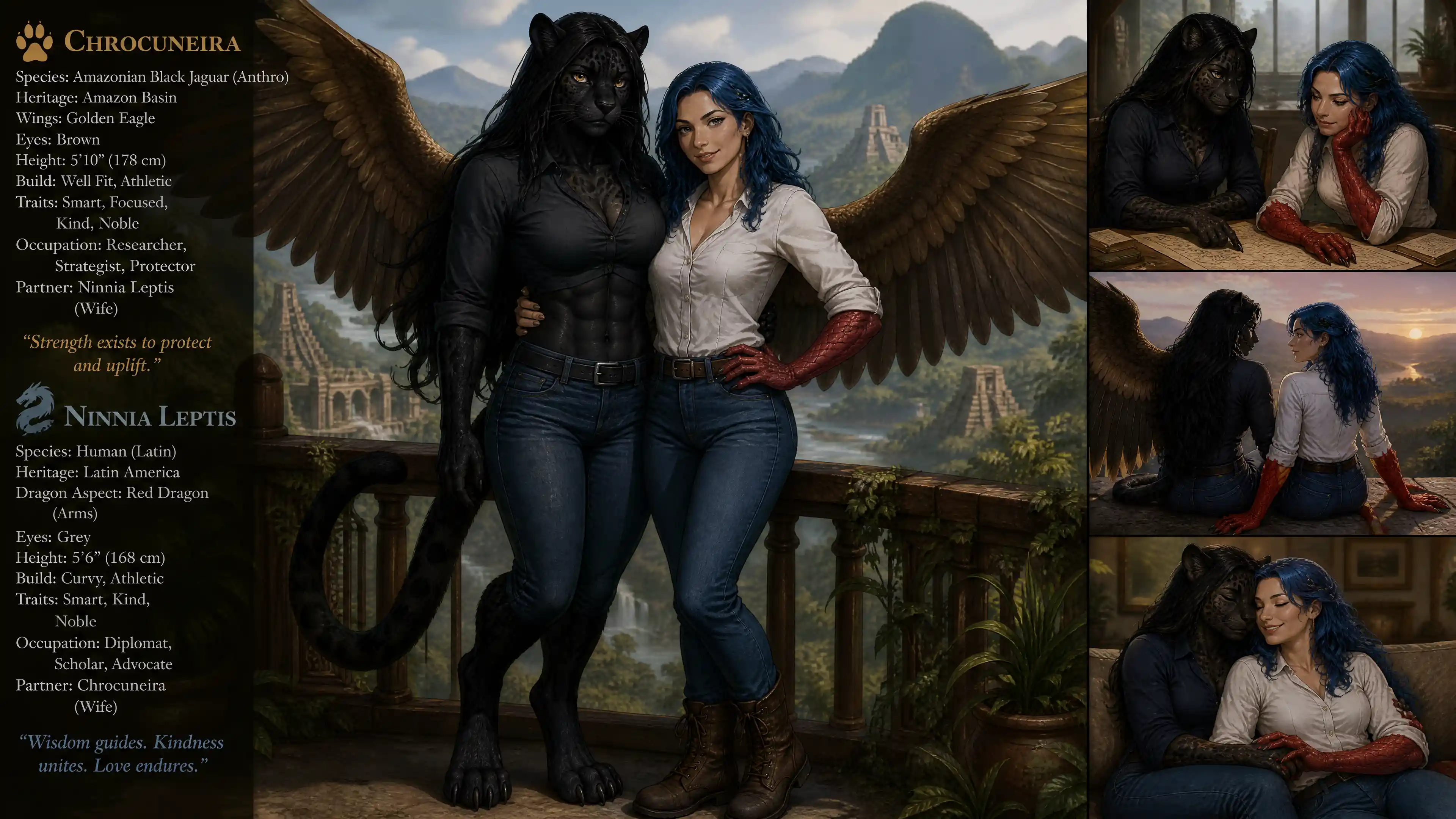 Anthro jaguar woman with golden eagle wings in casual clothes