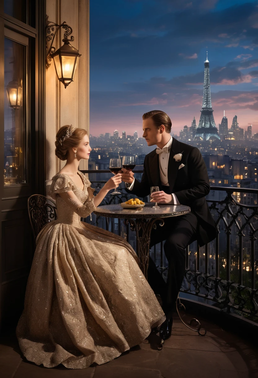 Elegant couple on city balcony at dusk with wine