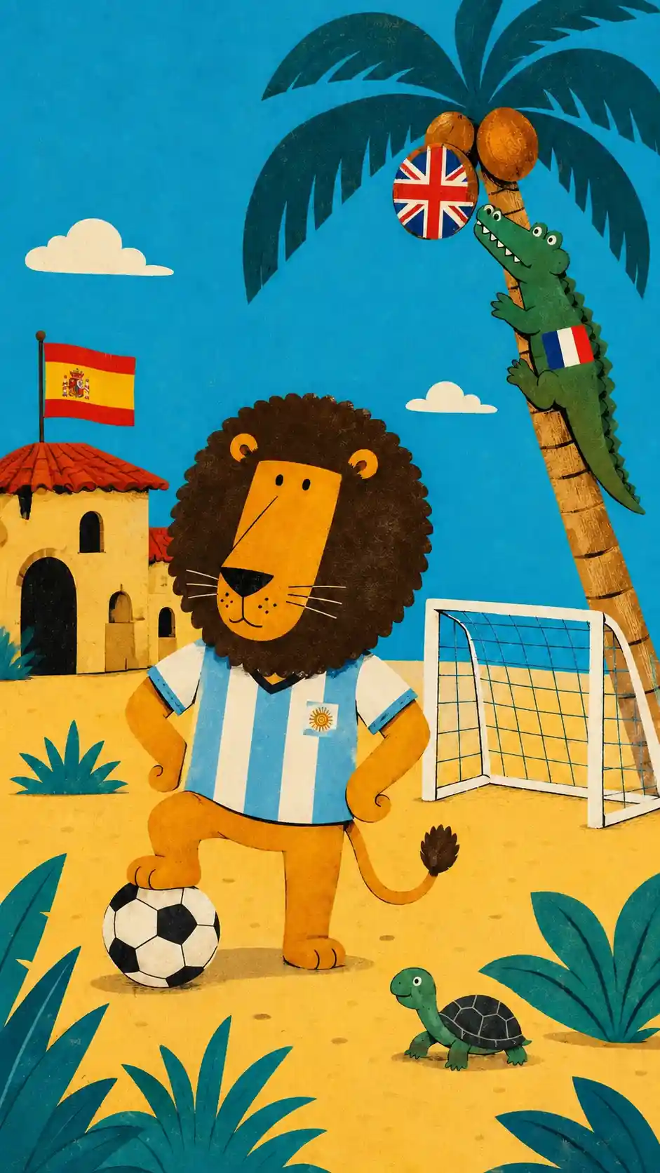 Lion with different national flags on various objects