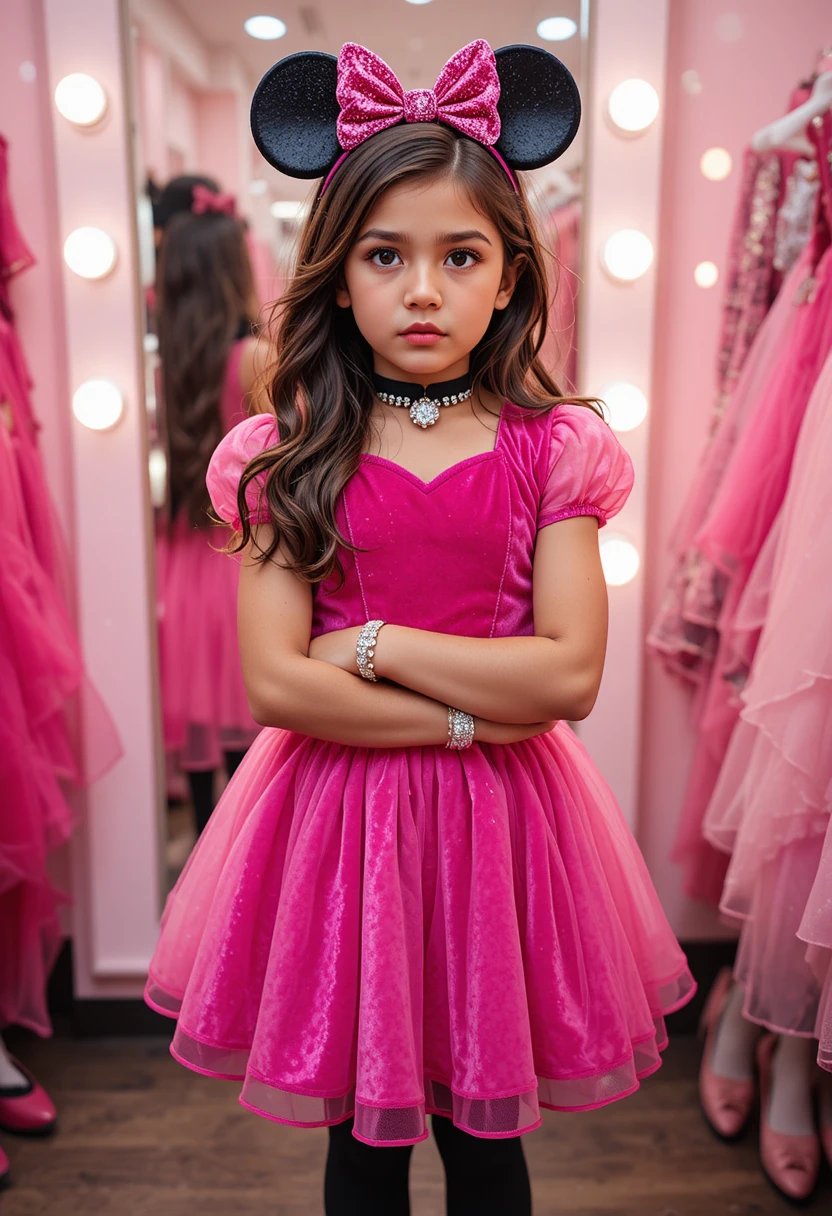 Nervous boy in pink Minnie dress in dress shop backroom