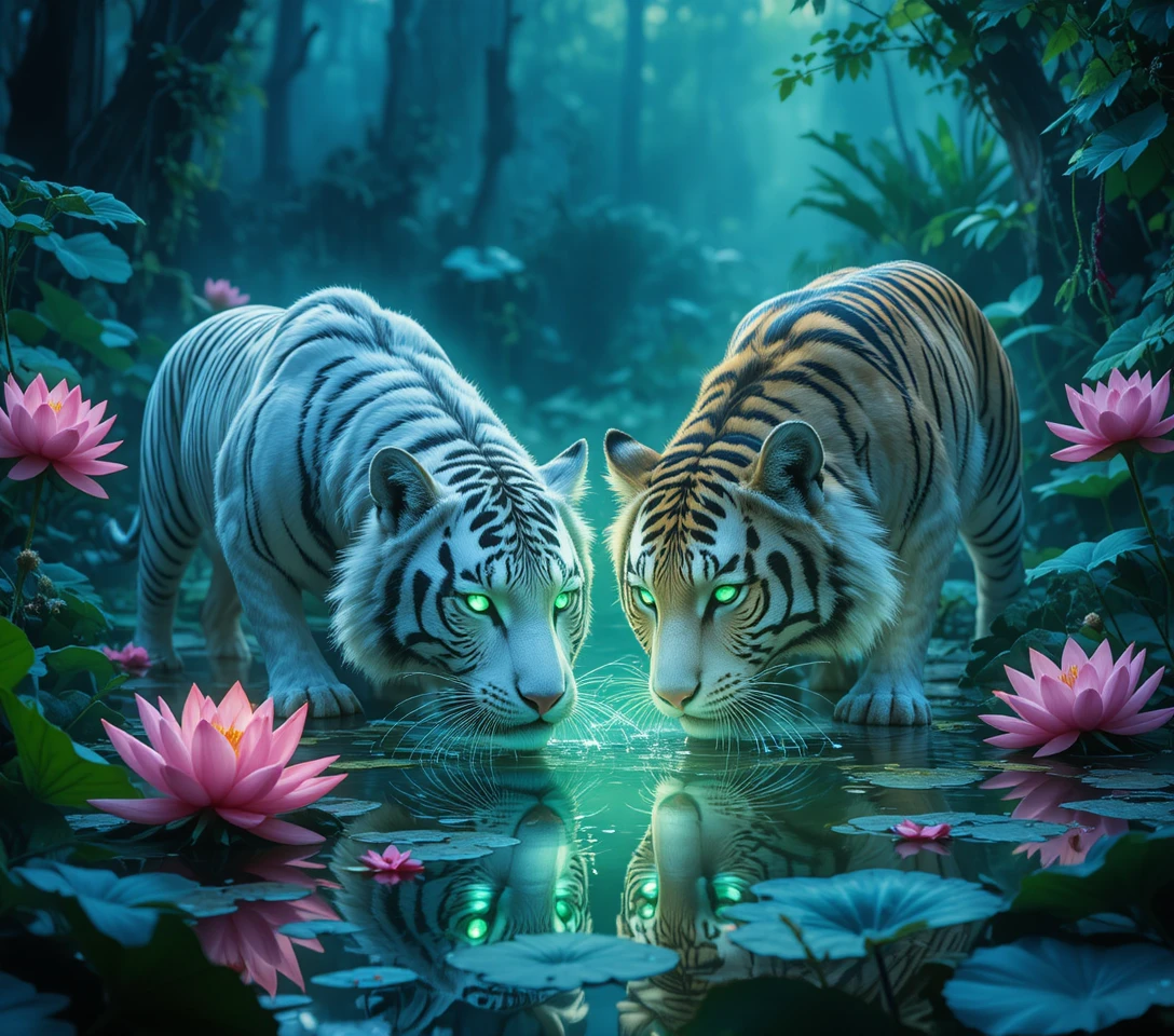 Two tigers drinking at a glowing lotus pond